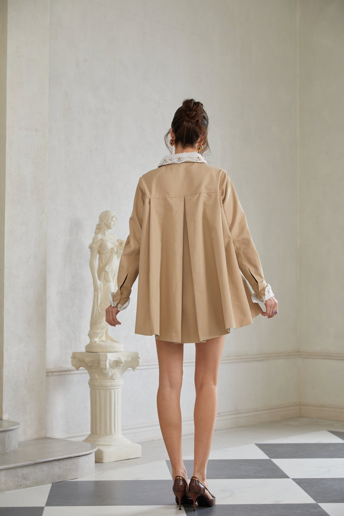 Marta Khaki Embellished Lace Trim Trench Coat