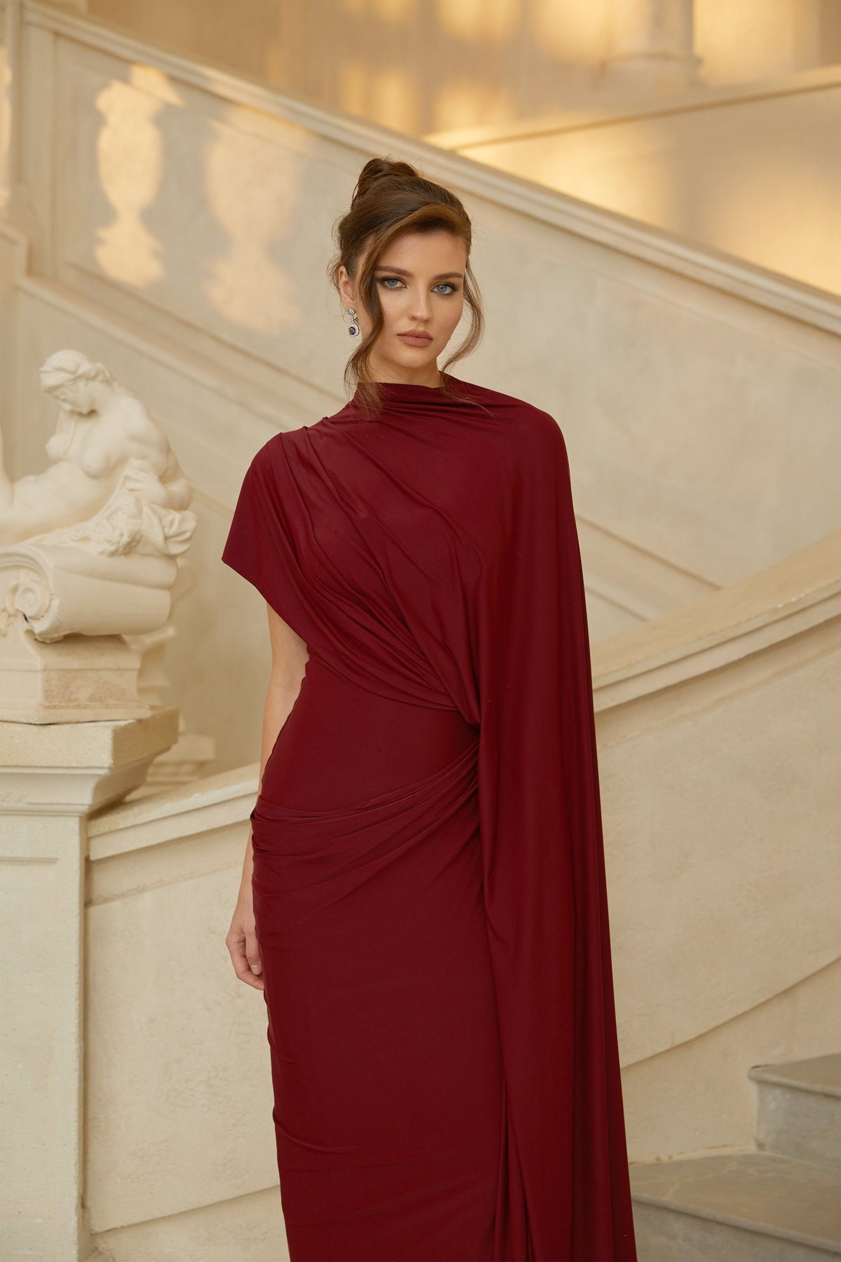 Fenella Red Asymmetrical Draped Cape & Dress Matching Set (Final Sale-US Only)