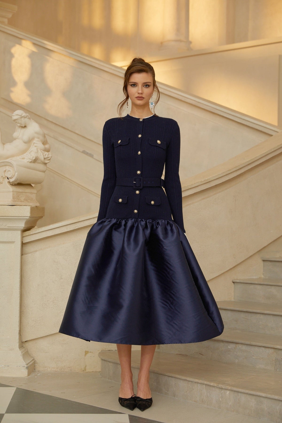 Fern Navy Blue Satin Panel Knit Midi Dress  (Final Sale-US Only)