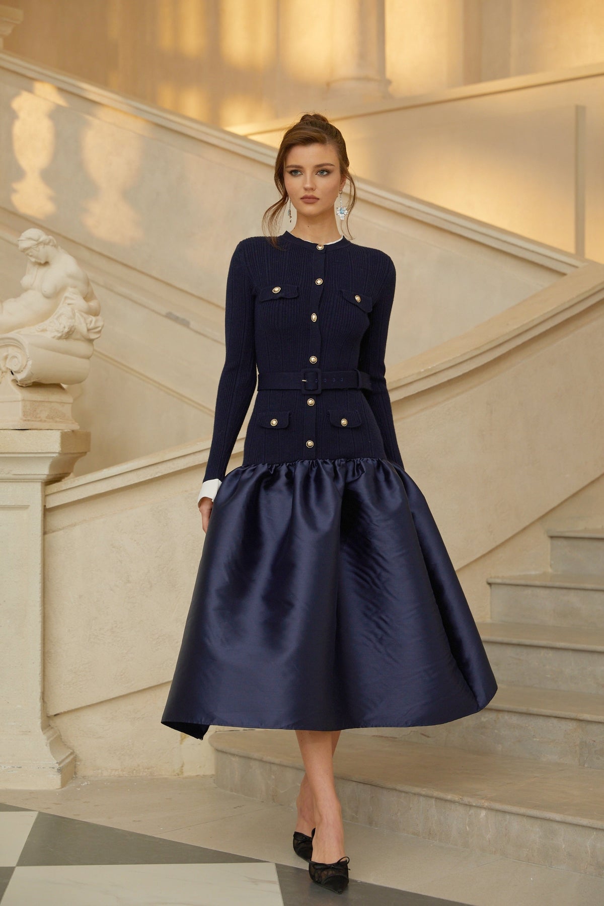 Fern Navy Blue Satin Panel Knit Midi Dress  (Final Sale-US Only)