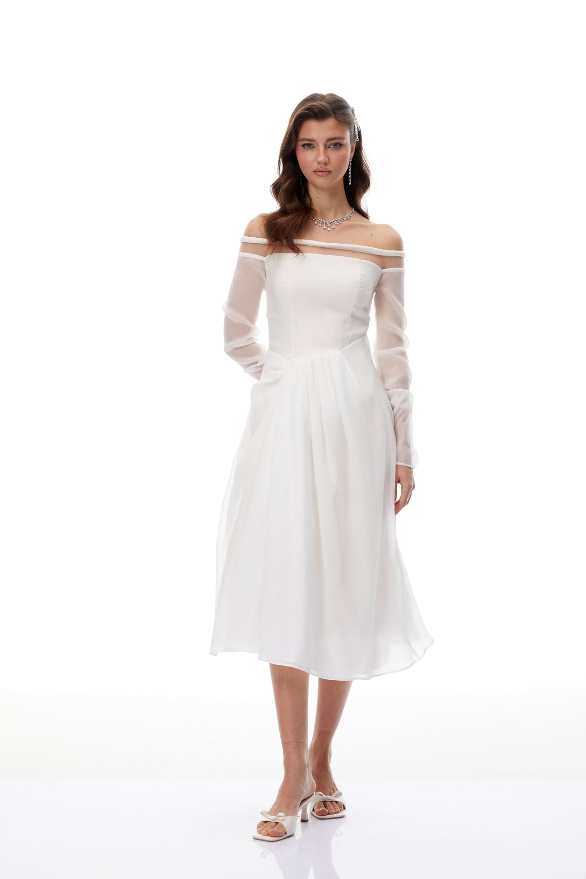 Gelsomina White Gathered Crepe Midi Dress