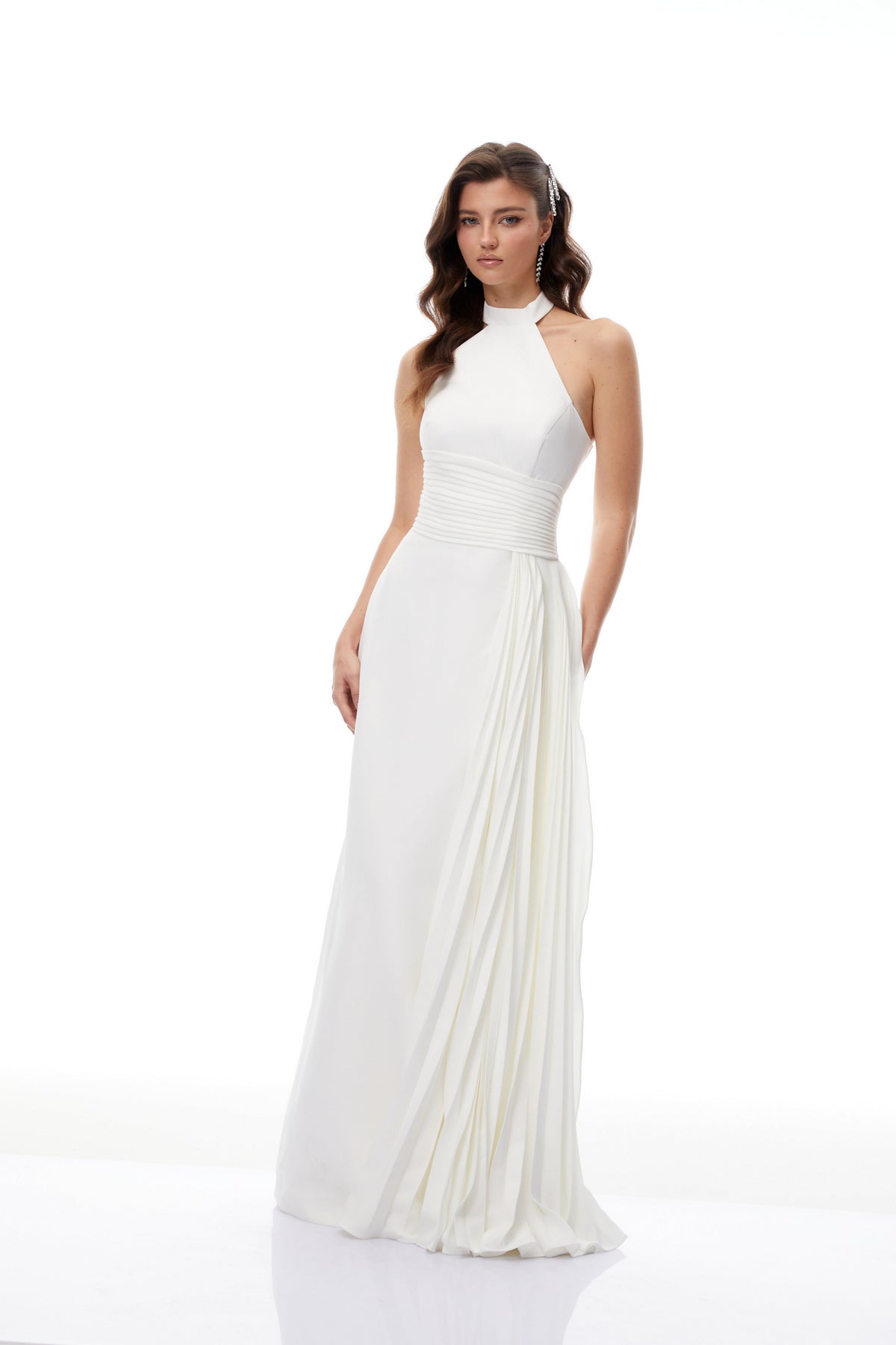 Lydia White Halterneck Asymmetrical Pleated Maxi Dress (Final Sale)
