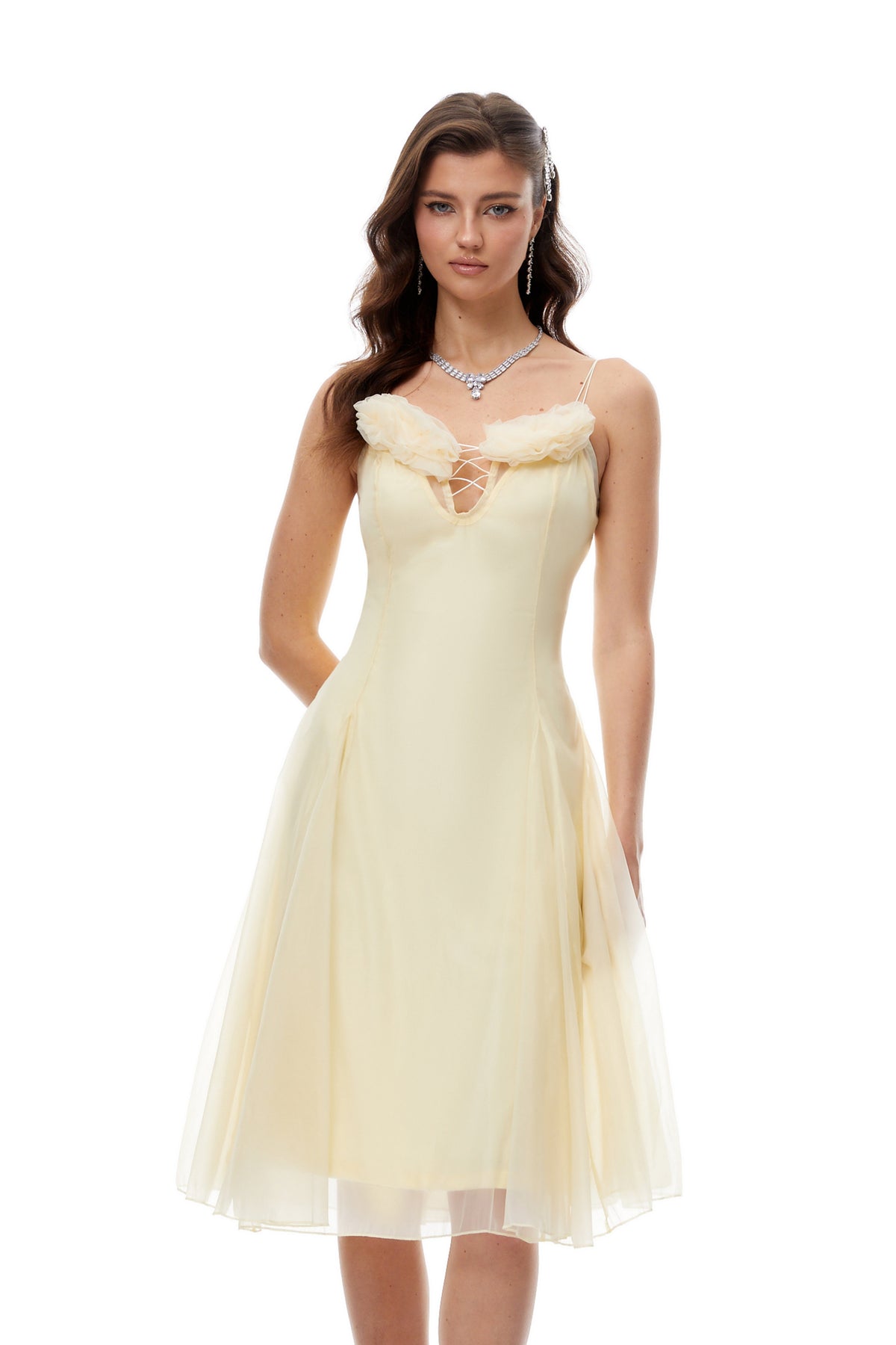 Mathias Yellow Floral Appliqué Tulle Midi Dress