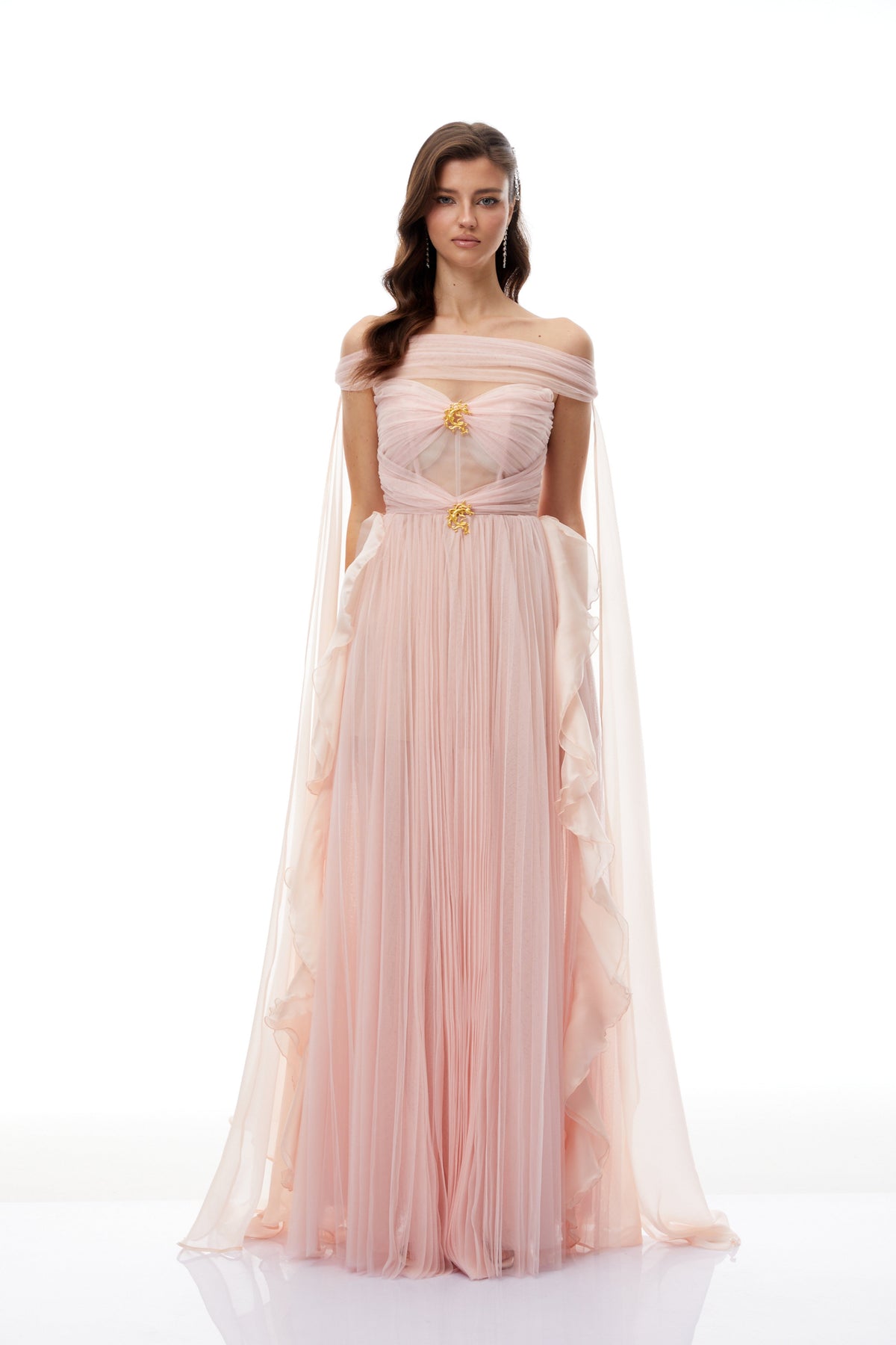 Emil Pink Ribbon Detail Pleated Tulle Maxi Dress