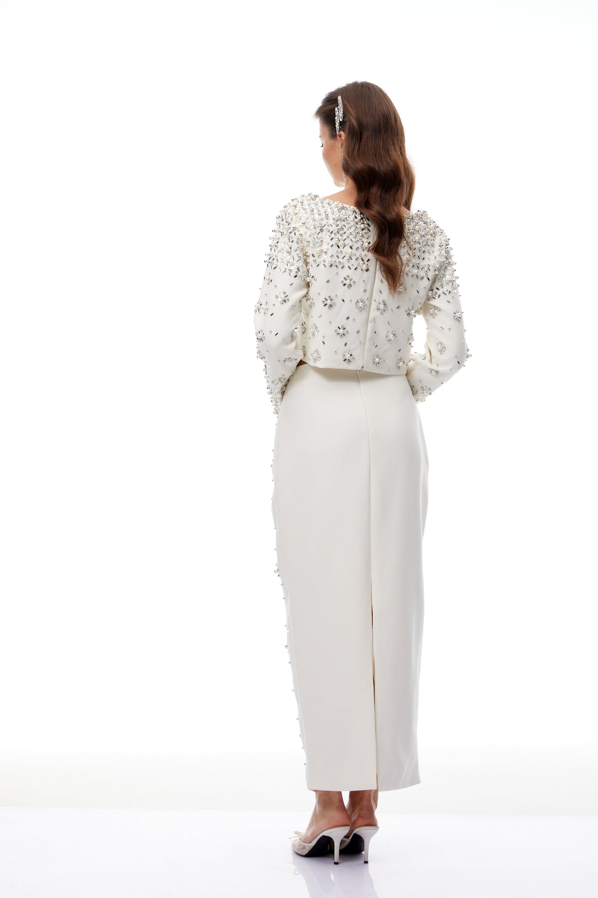 Denise White Fully Embellished Blouse & Skirt Set
