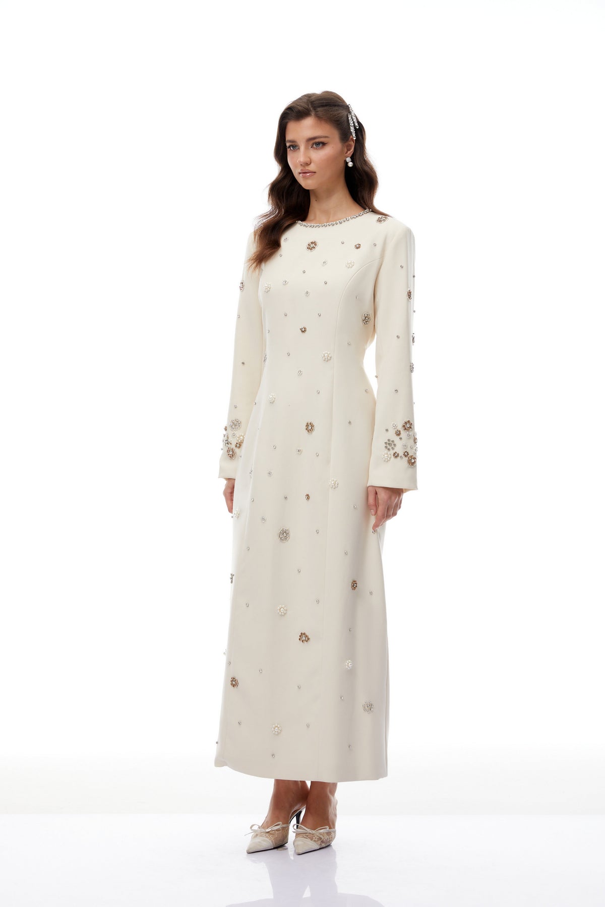 Peyton Cream White Fully Embellished Maxi Dress