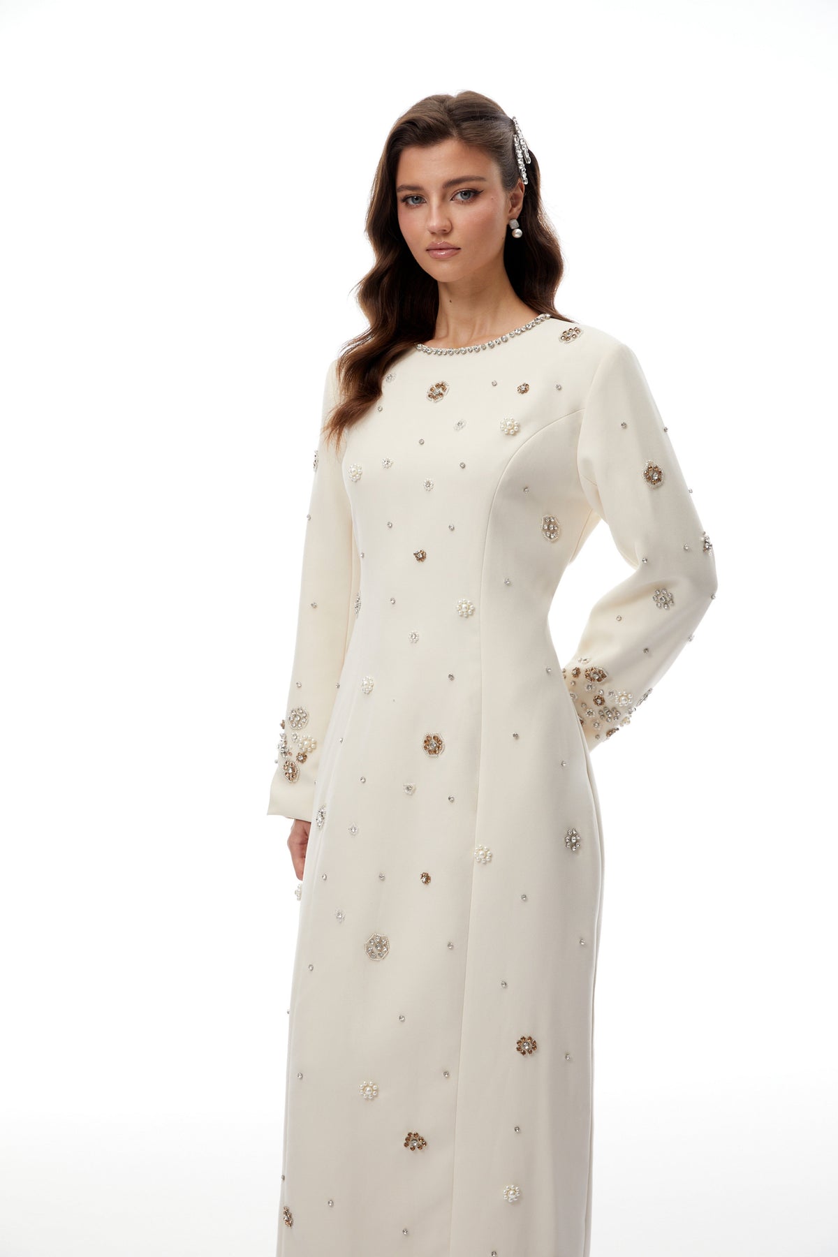 Peyton Cream White Fully Embellished Maxi Dress