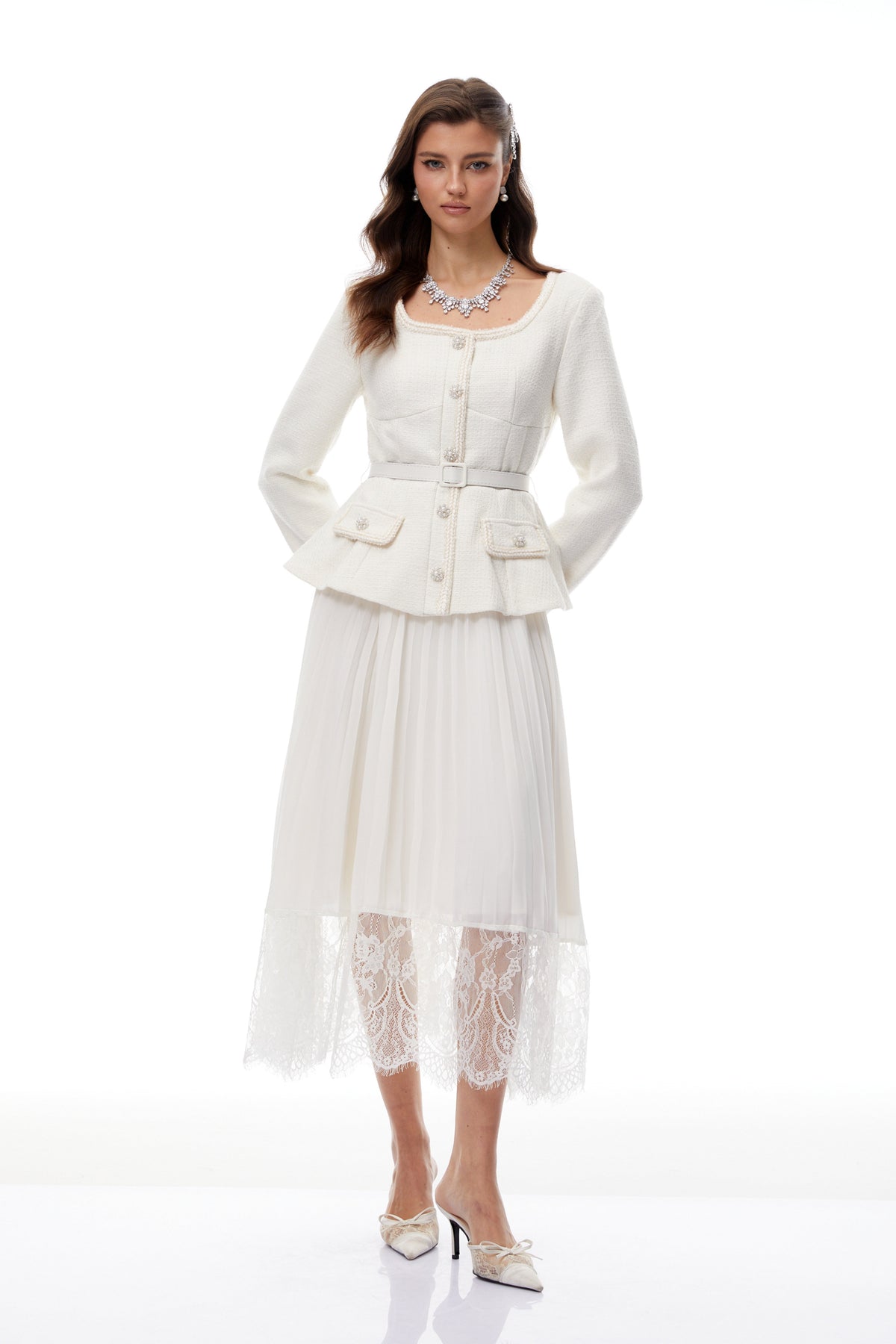 Iver White Lace Panel Tweed Midi Dress