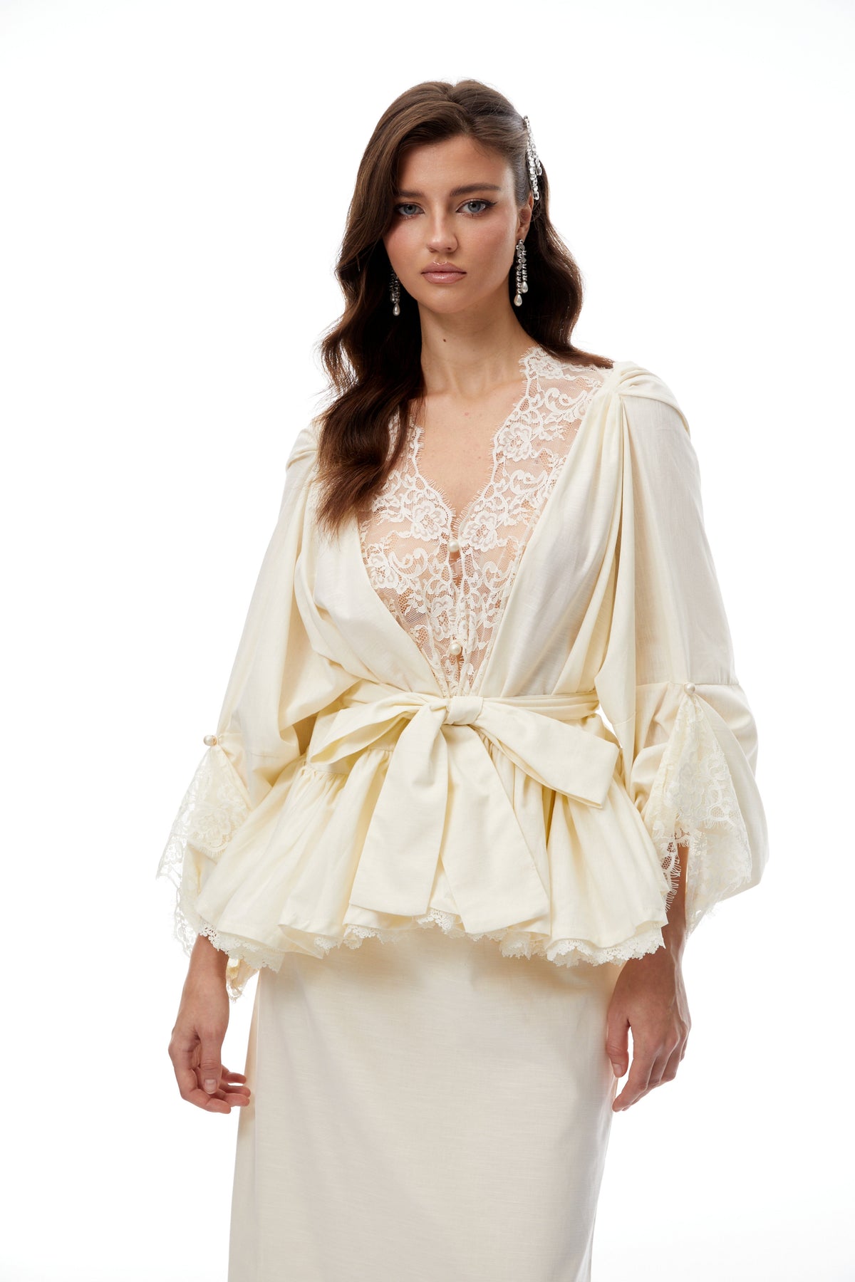 Madge White Lace Panel Blouse & Skirt Set