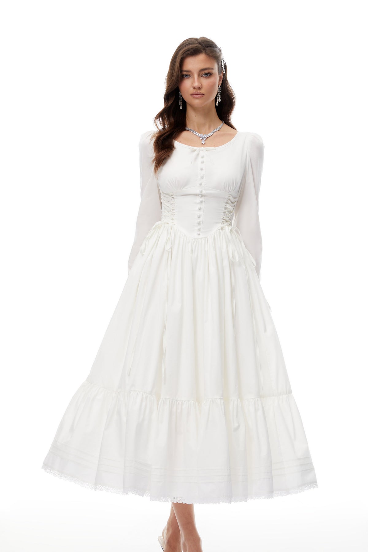 Brandy White Lace Up Shirred Midi Dress (Final Sale)