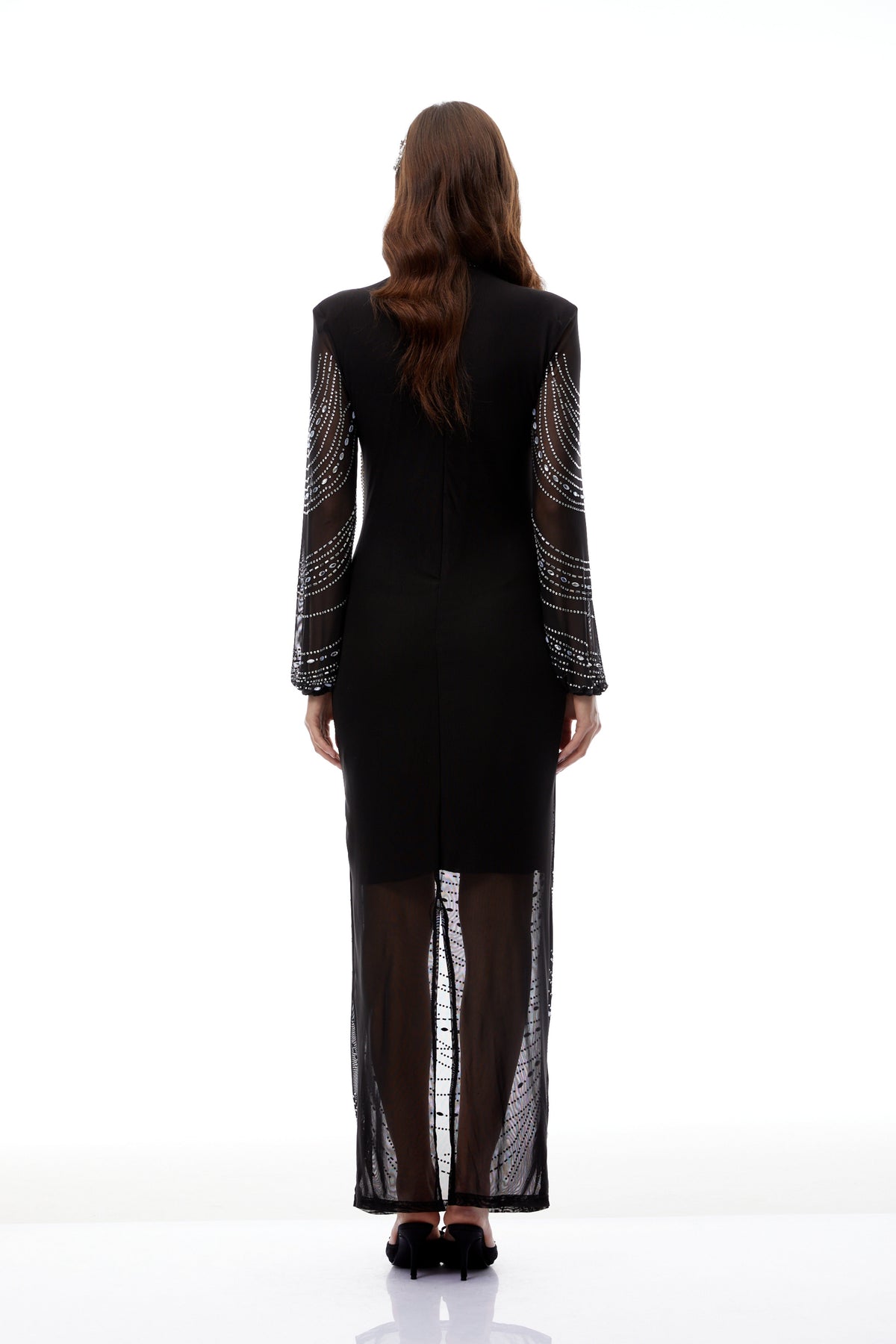 Ingrid Black Embellished Fringed Mesh Maxi Dress