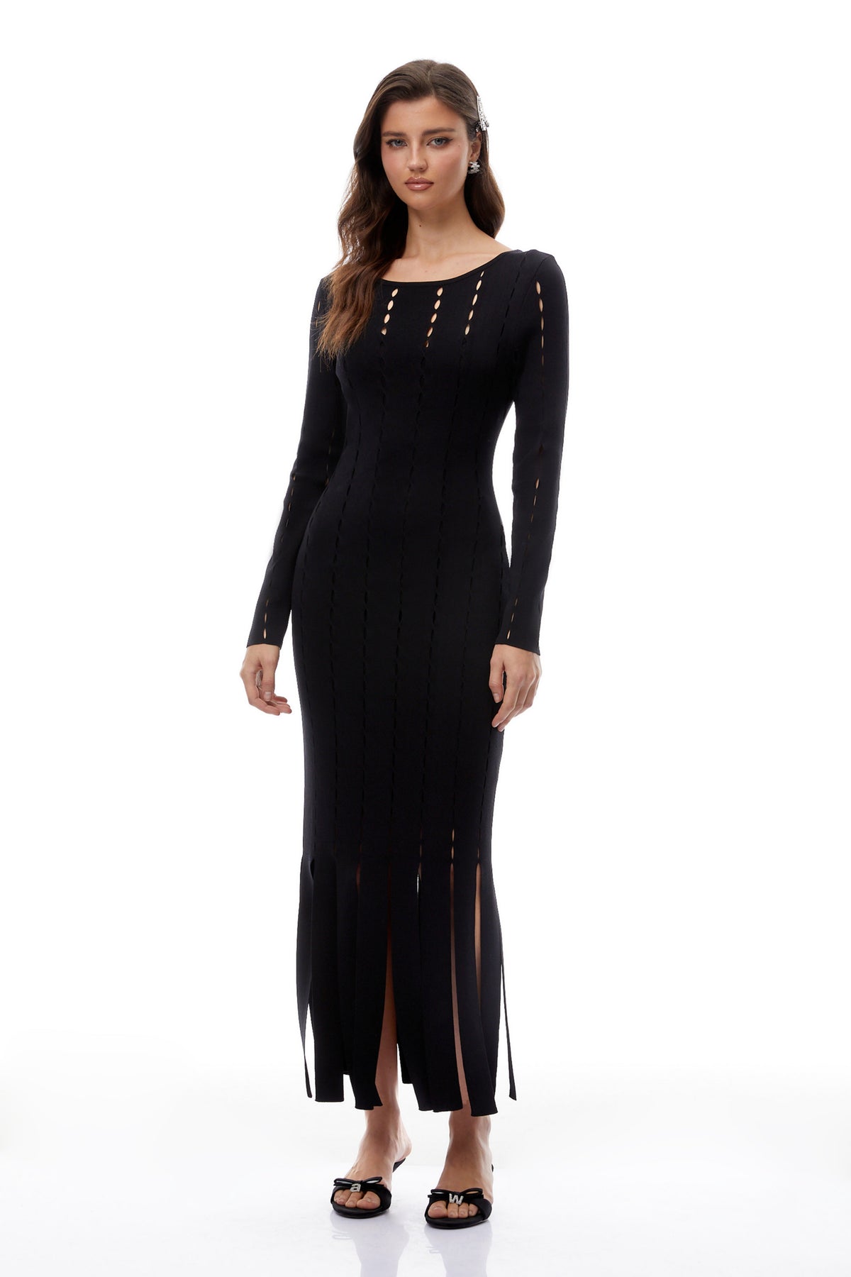 Ylva Black Cut Out Fringed Knit Midi Dress
