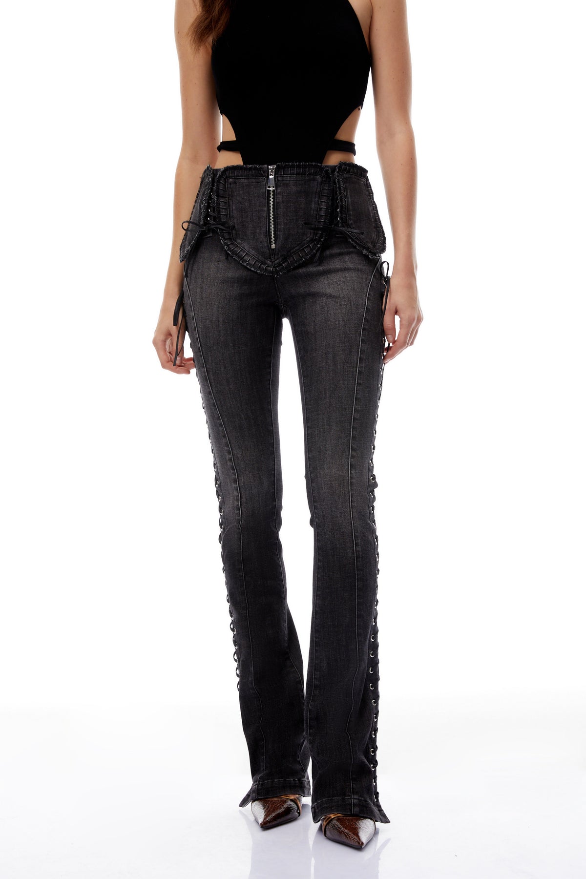 Vera Black Lace Up Flared Skinny Jeans