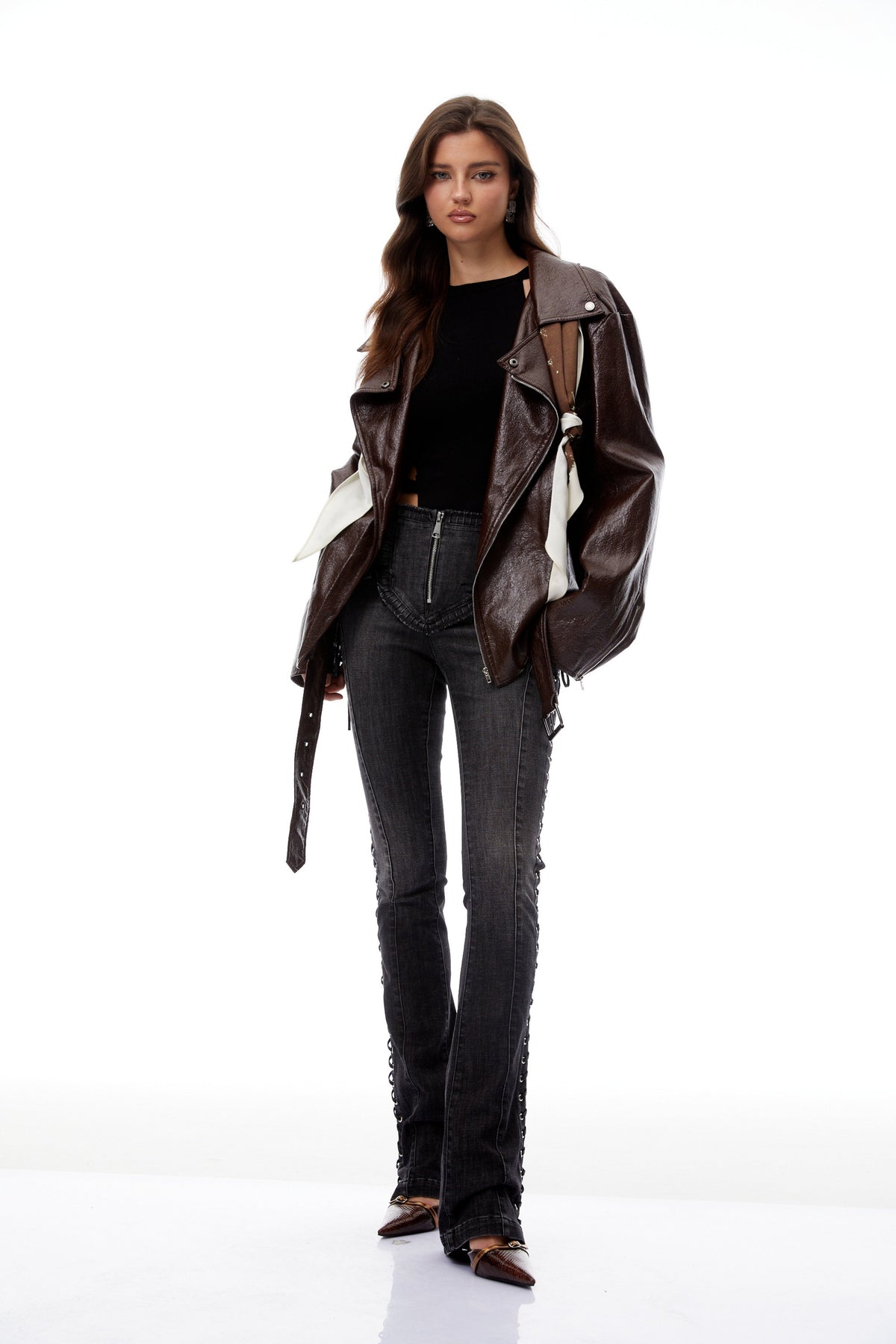 Briar Chestnut Scarf Detail Leather Jacket (Final Sale)