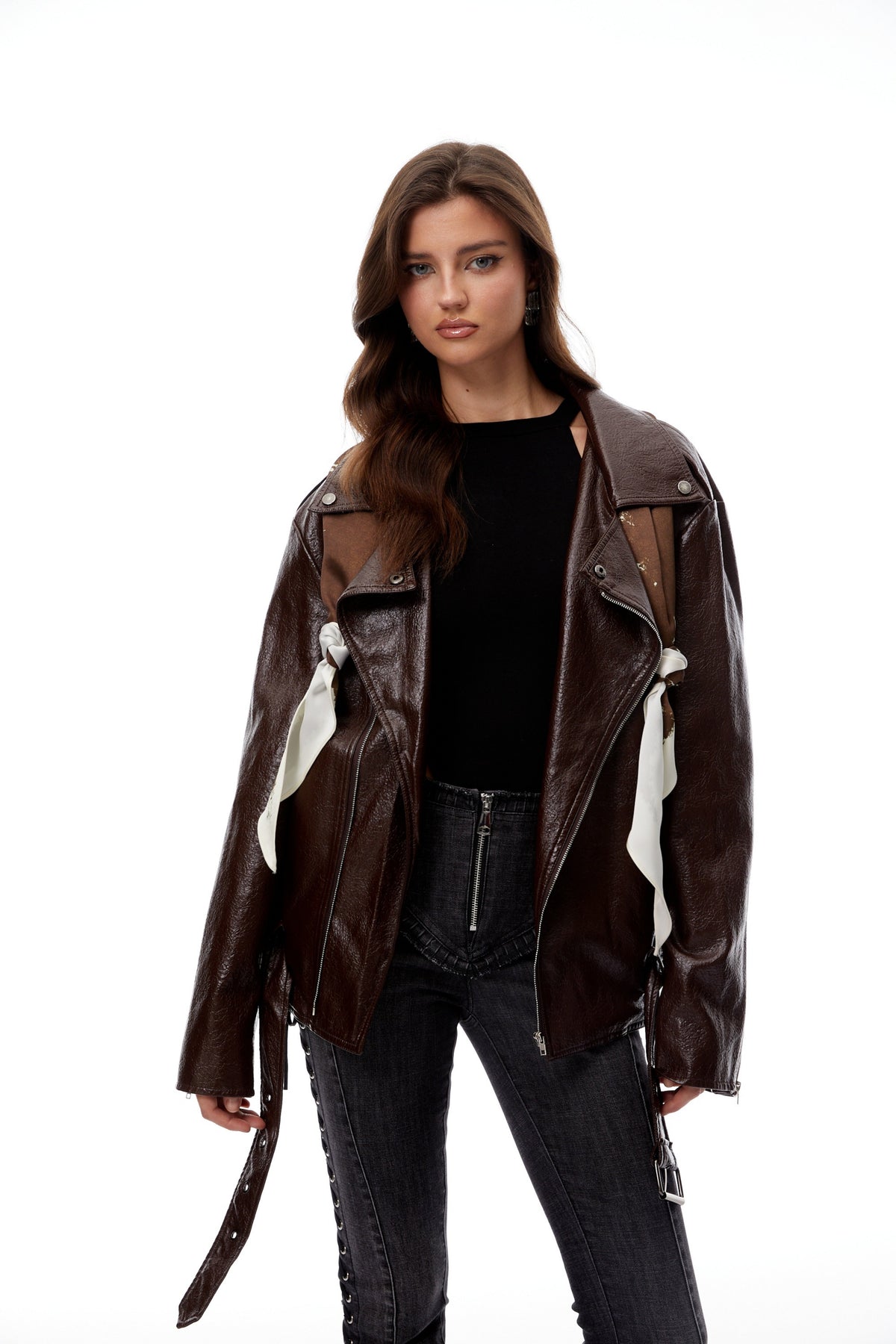 Briar Chestnut Scarf Detail Leather Jacket