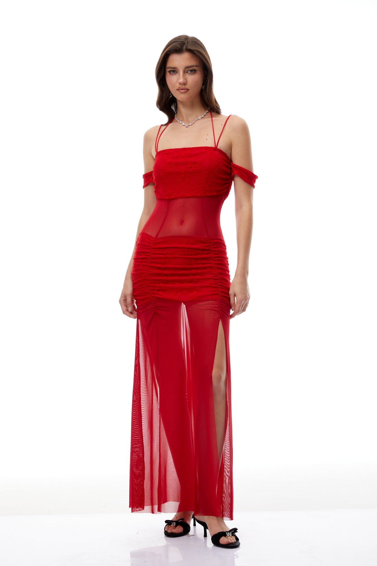 Tiril Red Ruched Lace Panel Meah Midi Dress (Final Sale)