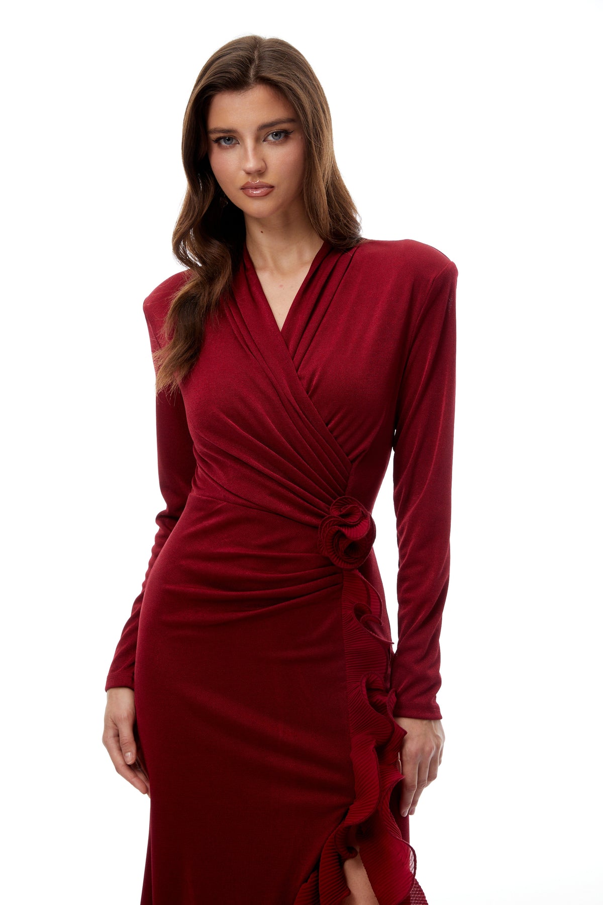 Synne Red Ruffled Gathered Knit Midi Dress