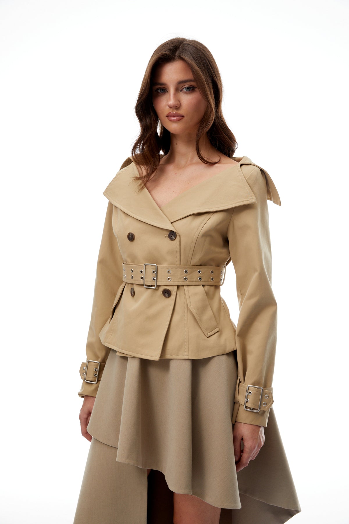 Kayla Khaki Double-Breasted Short Trench Coat