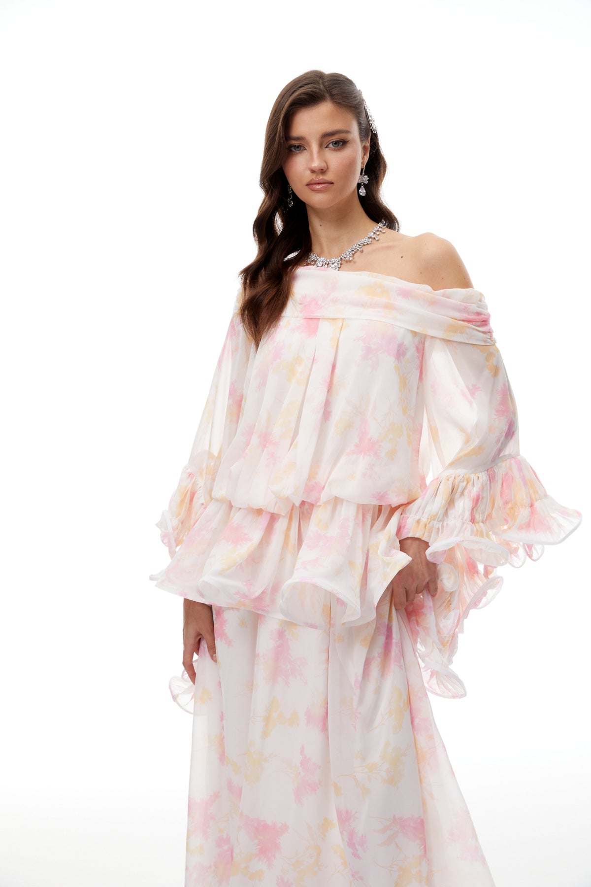 Rolf White Floral Print Ruffled Maxi Dress