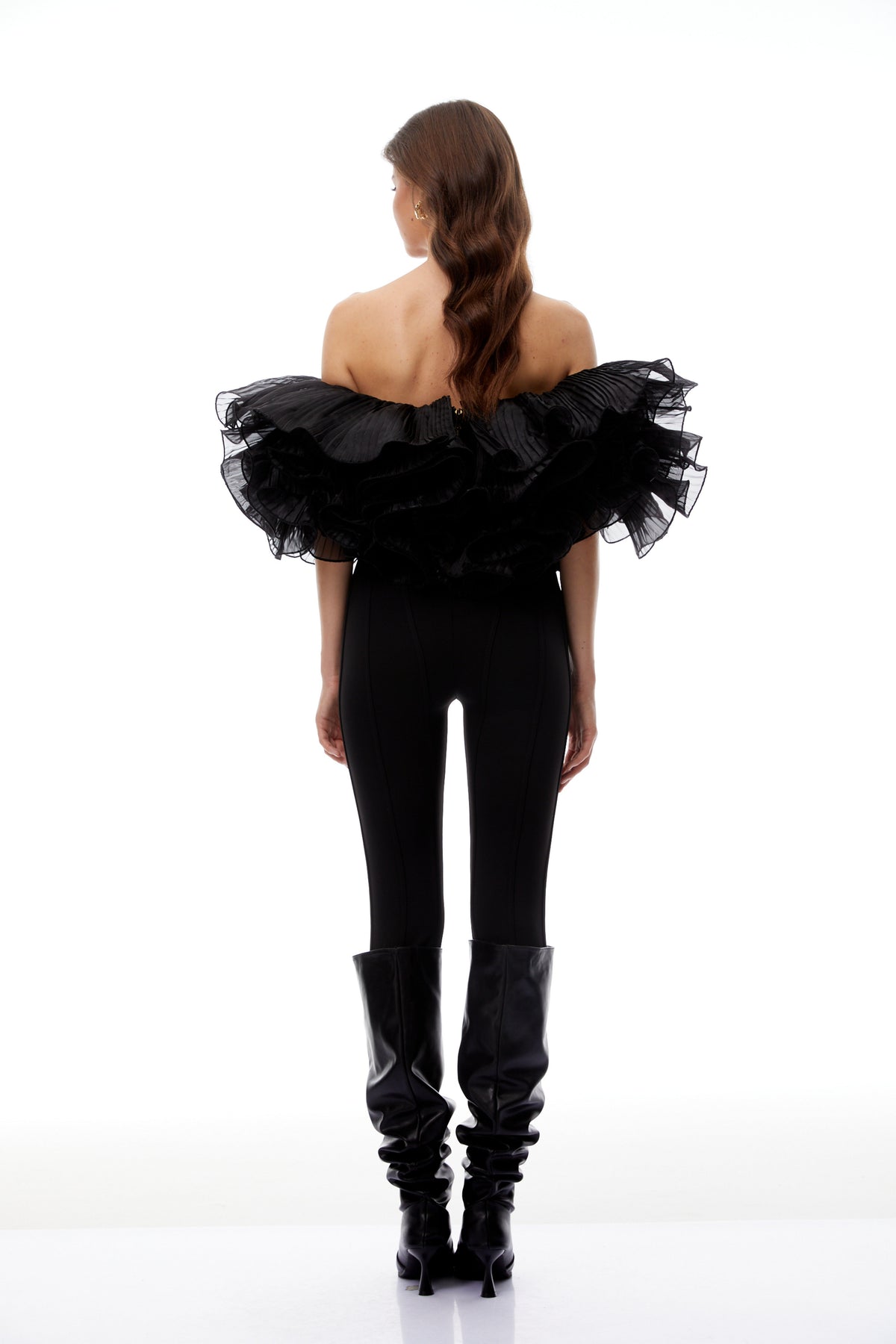 Inger Black Pleated Ruffled Organza Top