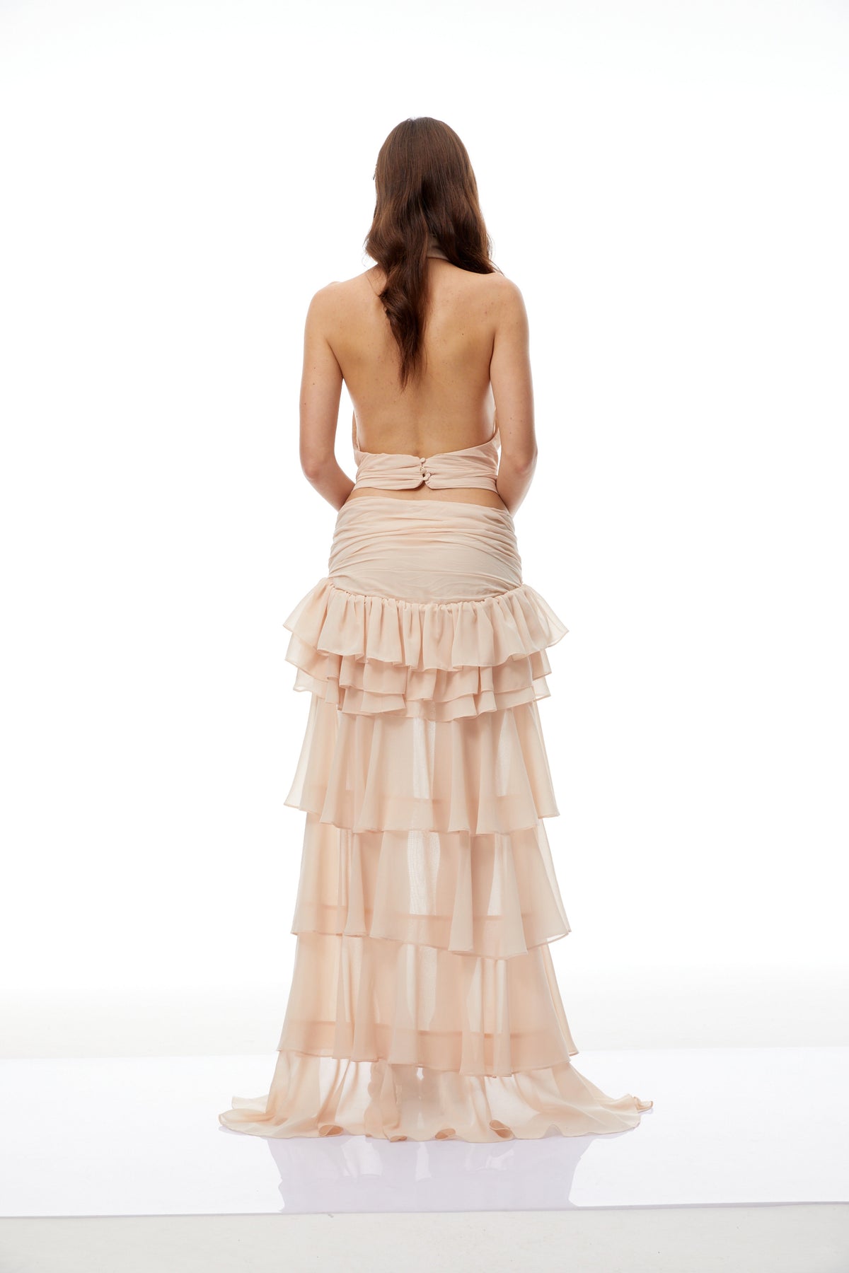 Raelynn Neutral Ruched Chiffon Top & Skirt Set (Final Sale)