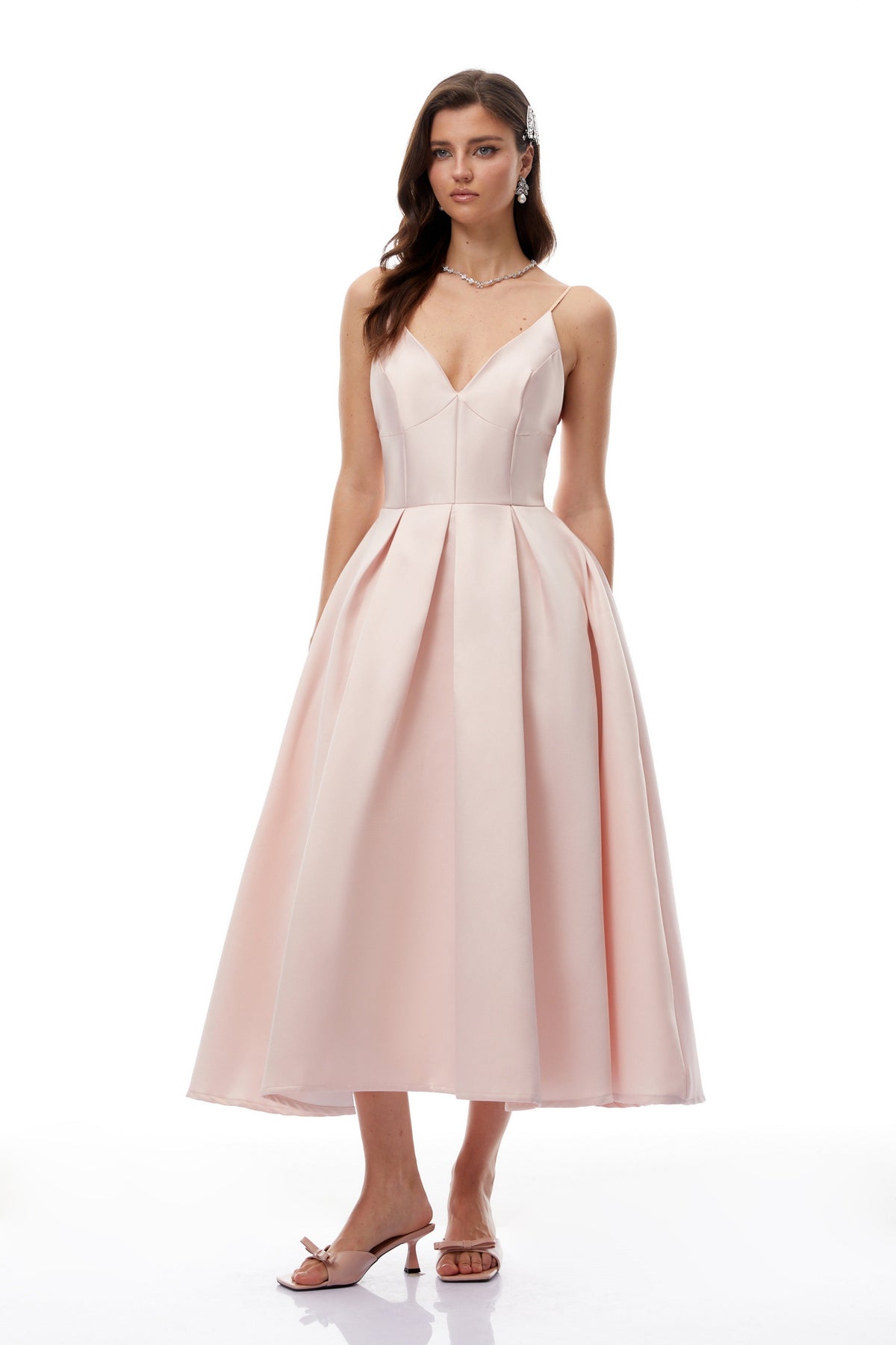 Prunelle Pink V-Neck Pleated Midi Dress