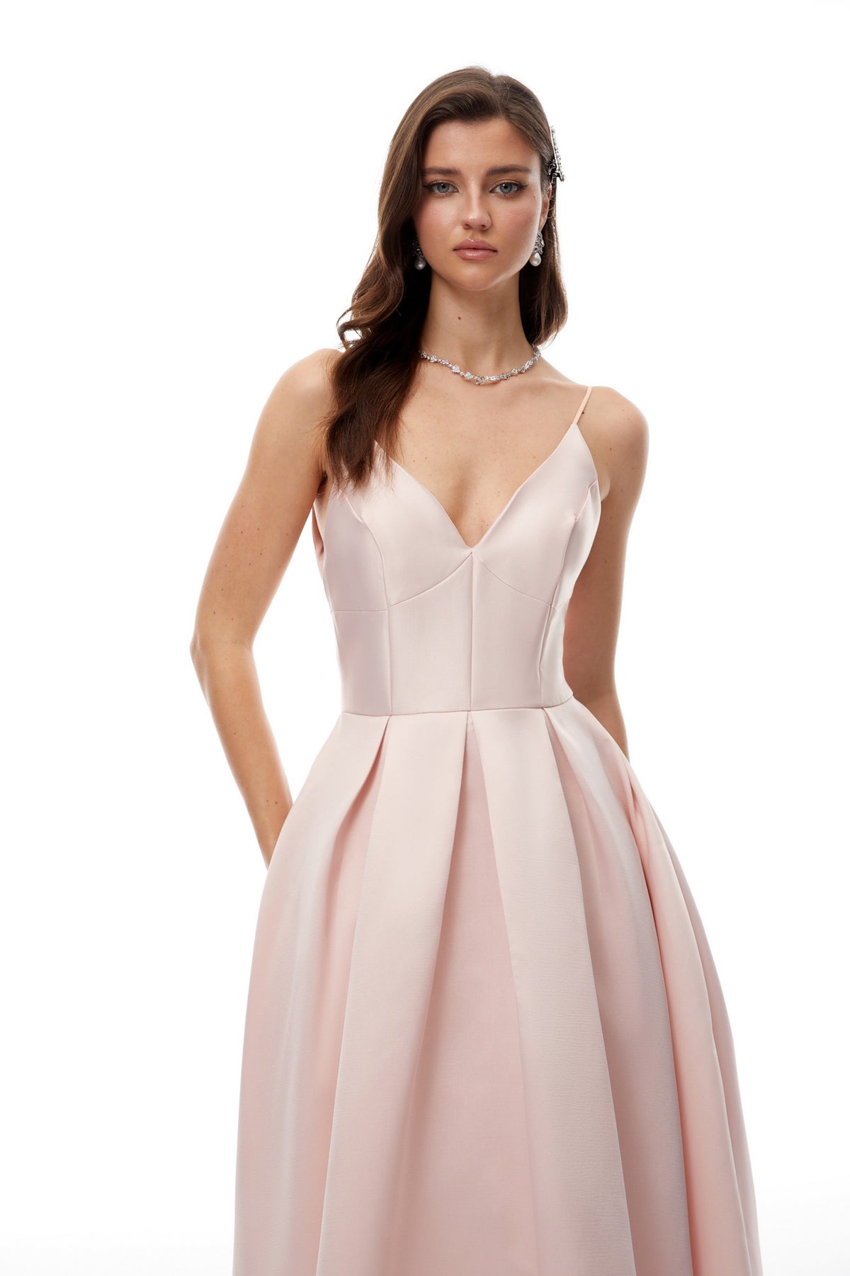 Prunelle Pink V-Neck Pleated Midi Dress