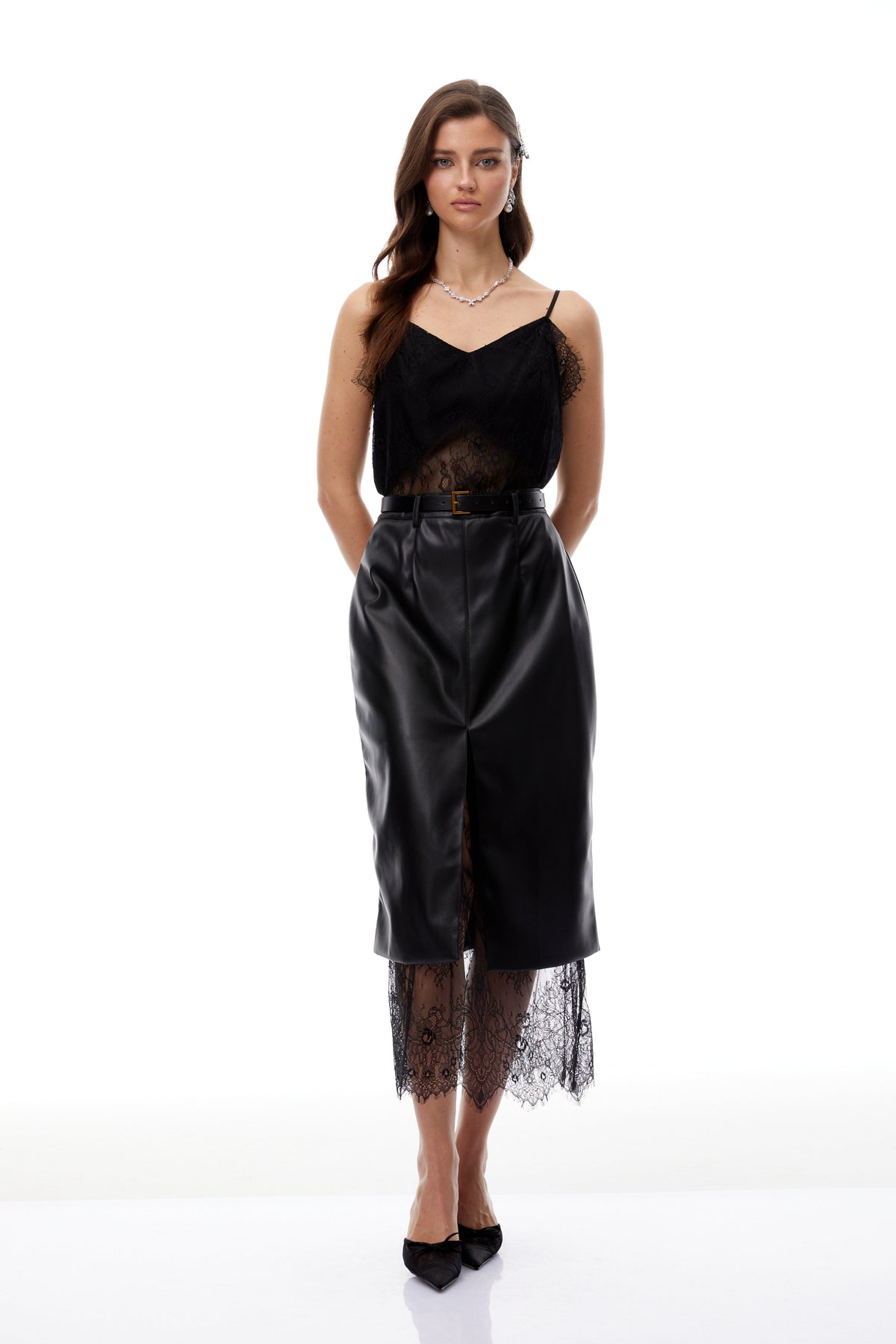 Debby Black Leather Panel Lace Midi Dress