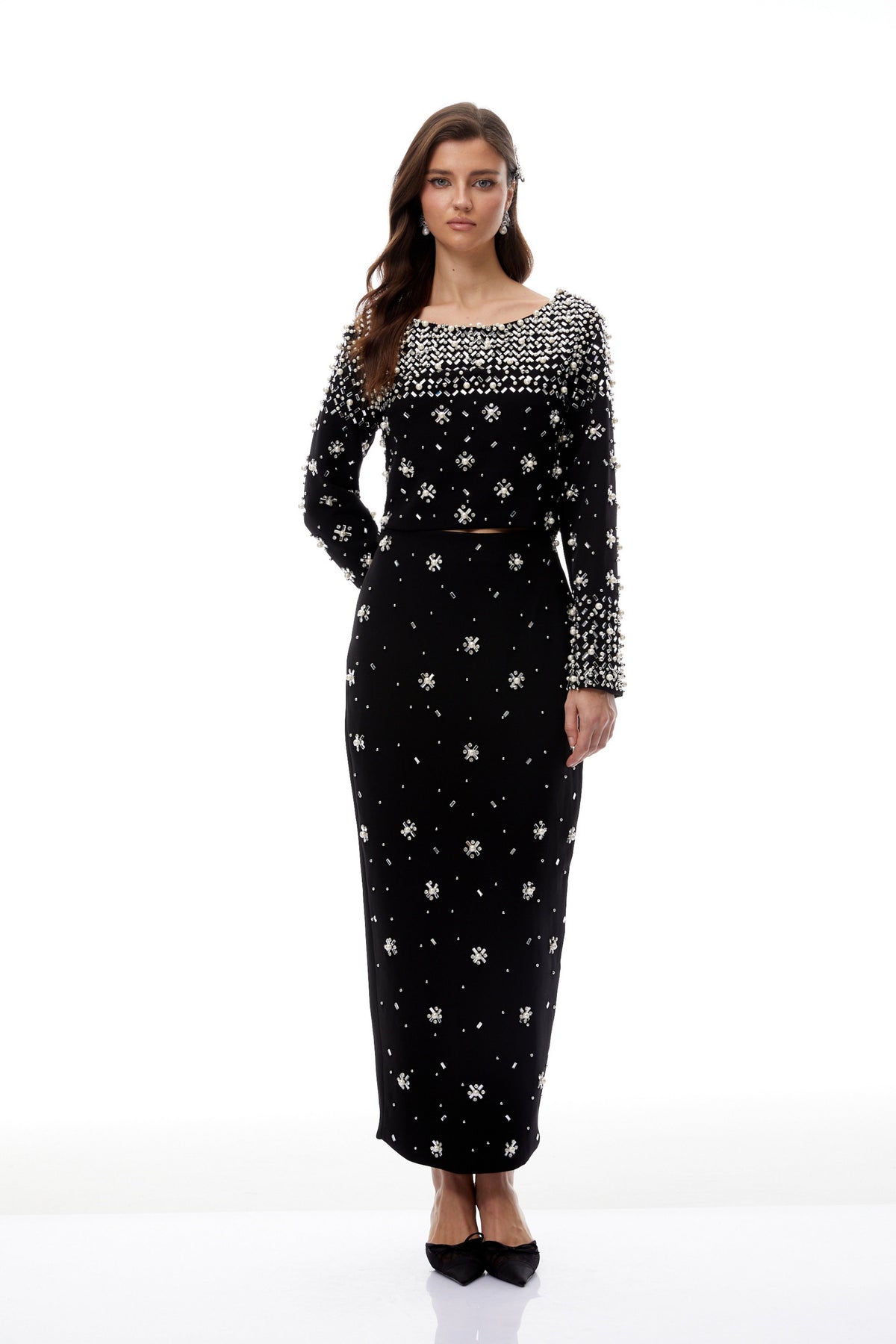 Denise Black Fully Embellished Blouse & Skirt Set