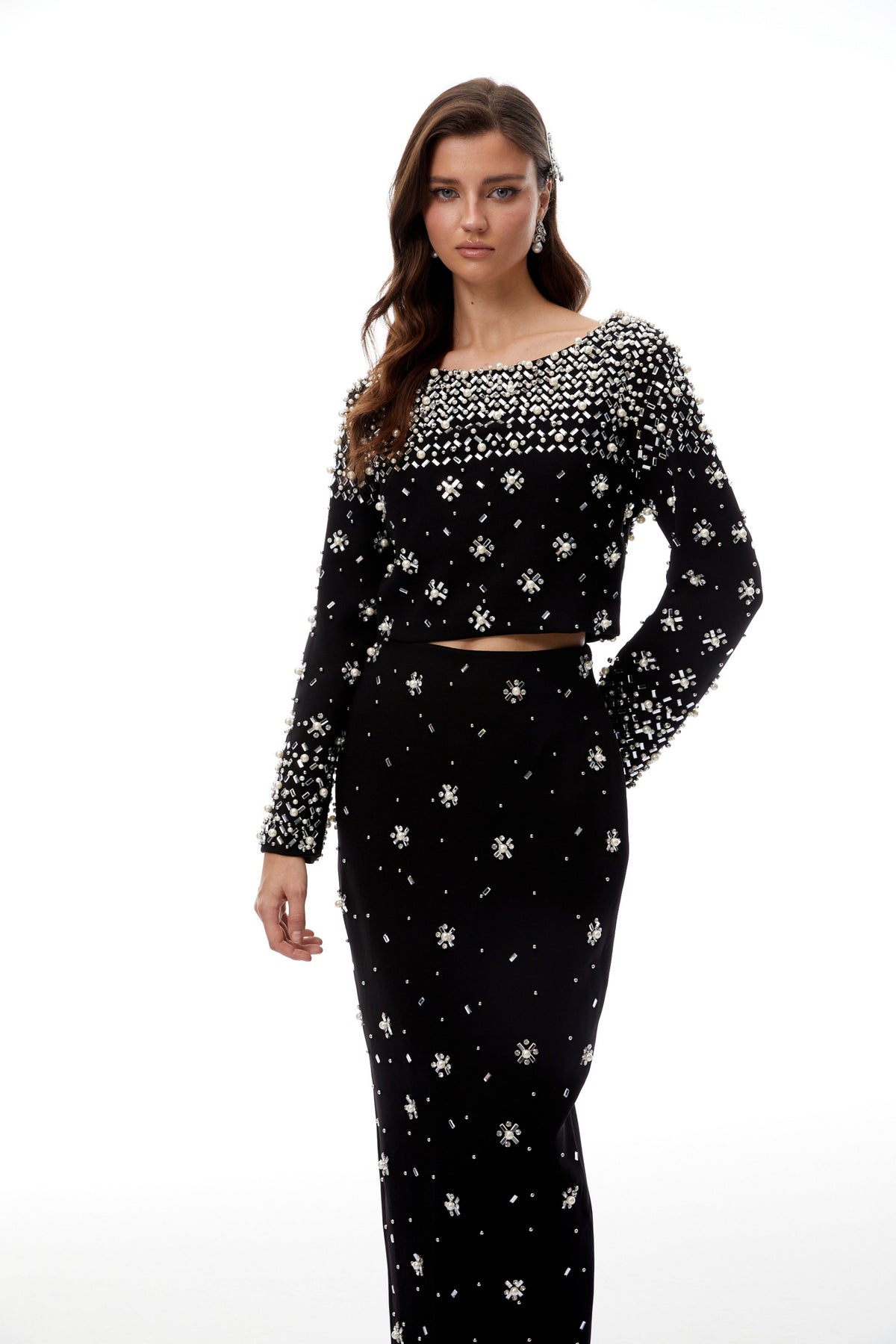 Denise Black Fully Embellished Blouse & Skirt Set
