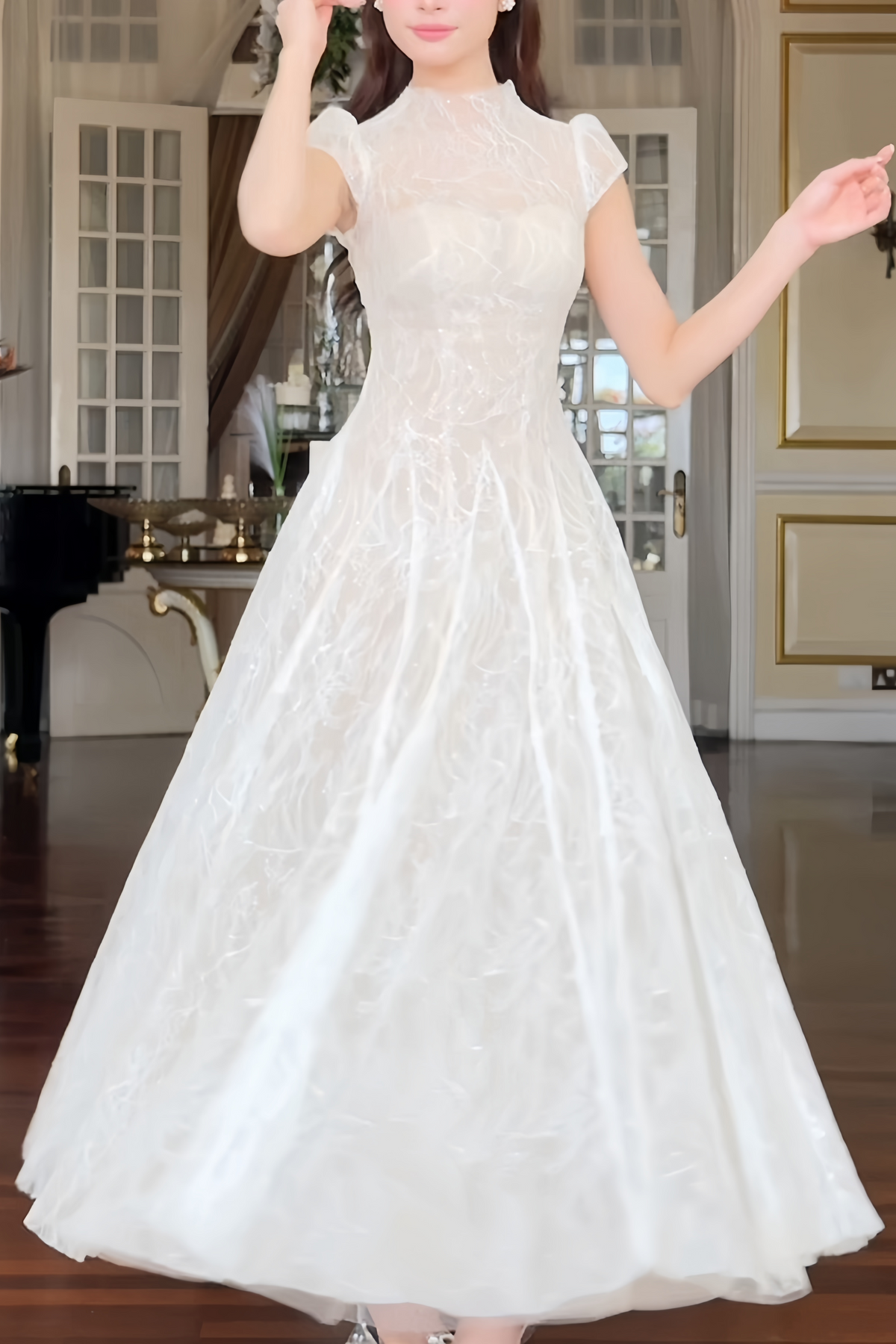 Velia White Lace Glitter Tulle Maxi Gown