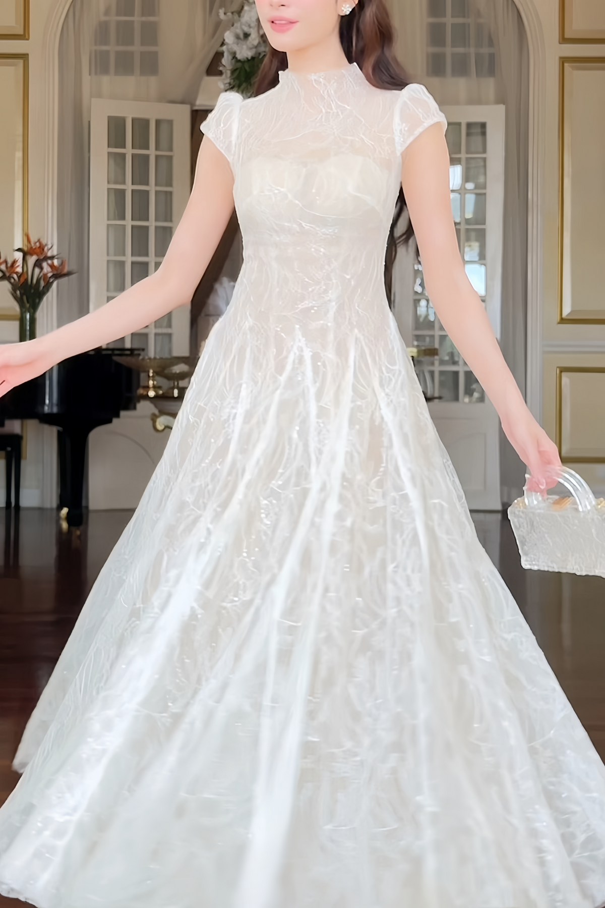 Velia White Lace Glitter Tulle Maxi Gown