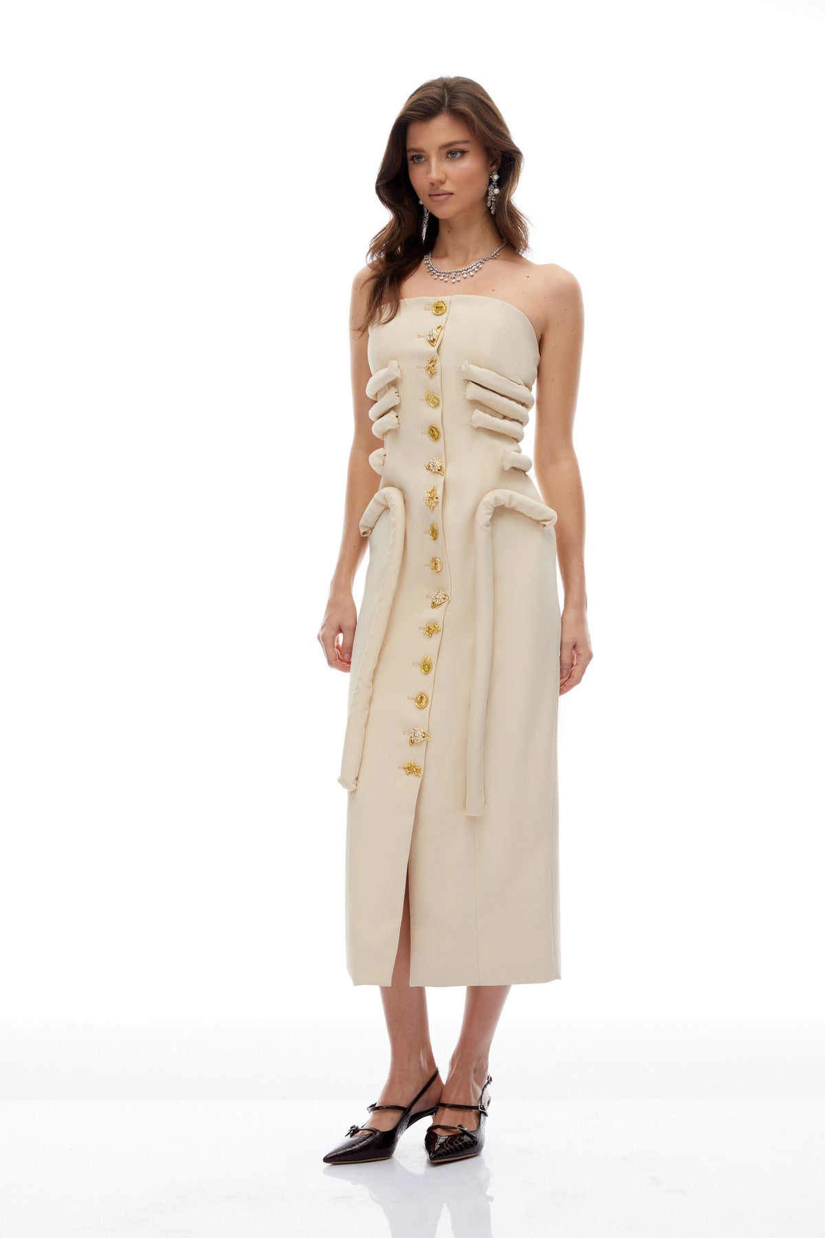 Thera Neutral Strapless Decorative Button Midi Dress