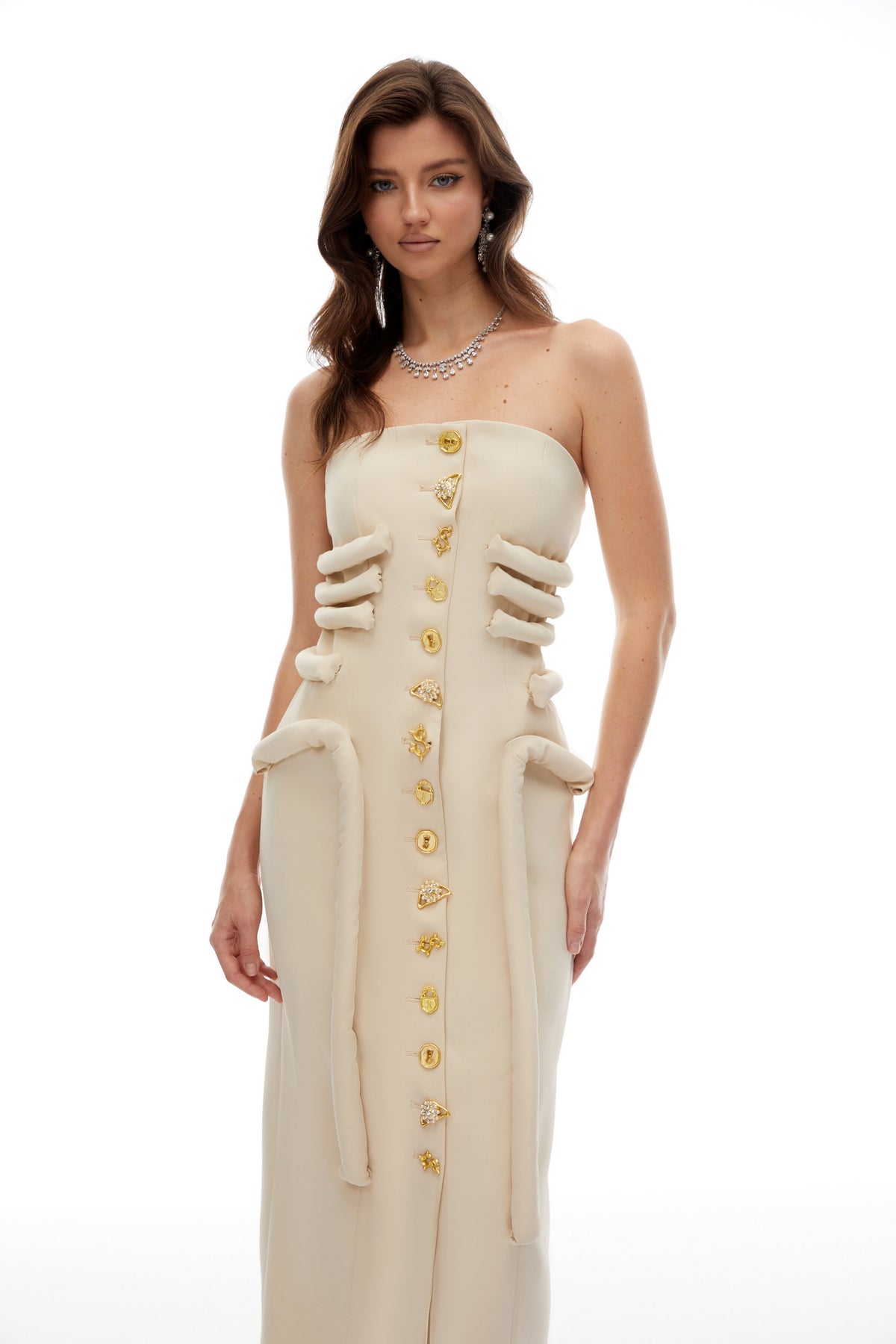 Thera Neutral Strapless Decorative Button Midi Dress