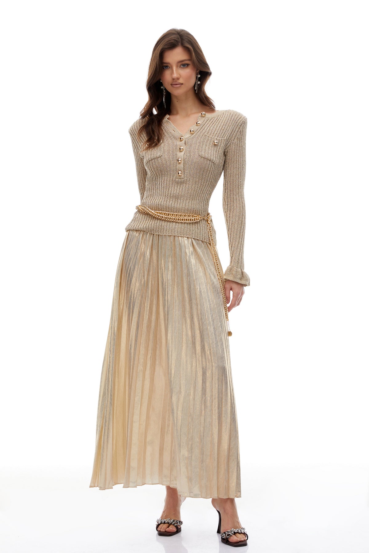 Hermosa Gold Metallic Knit Pleated Maxi Dress