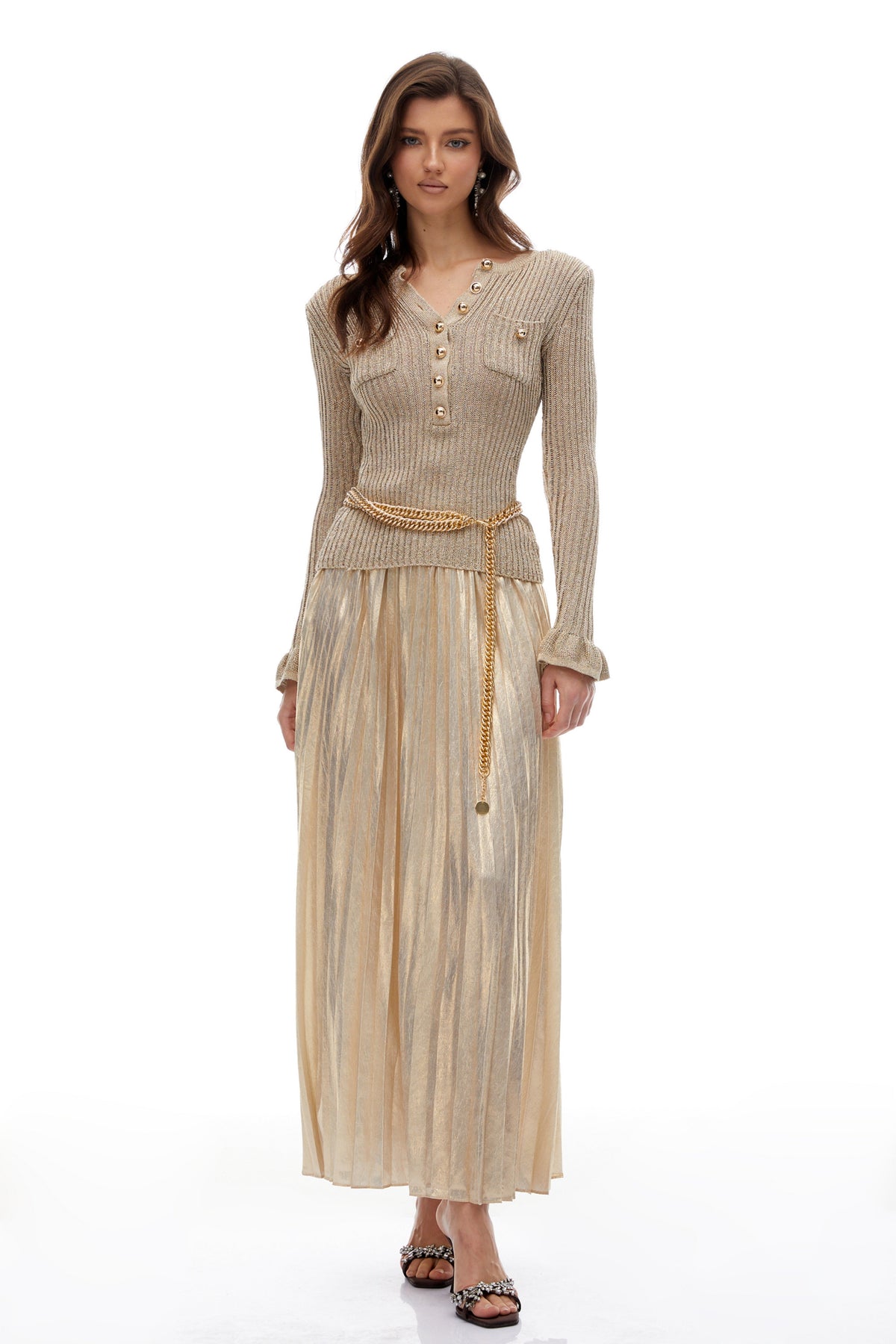 Hermosa Gold Metallic Knit Pleated Maxi Dress (Final Sale)