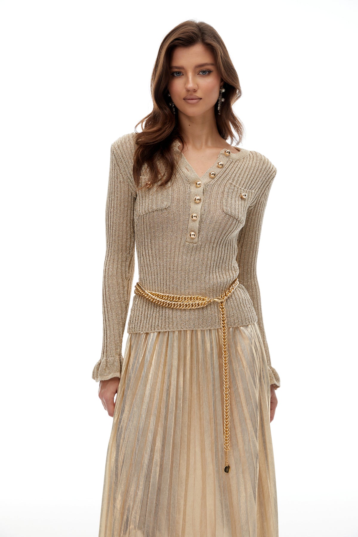 Hermosa Gold Metallic Knit Pleated Maxi Dress