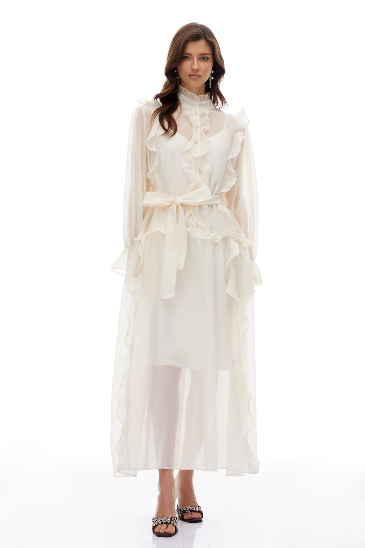 Quincie Neutral Tied Ruffled Trim Midi Dress