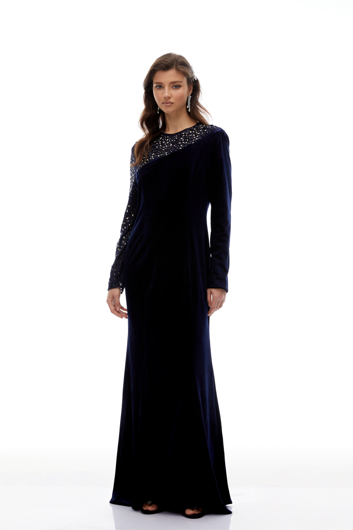 Rosemary Blue Embellished Velvet Maxi Gown(Final Sale)