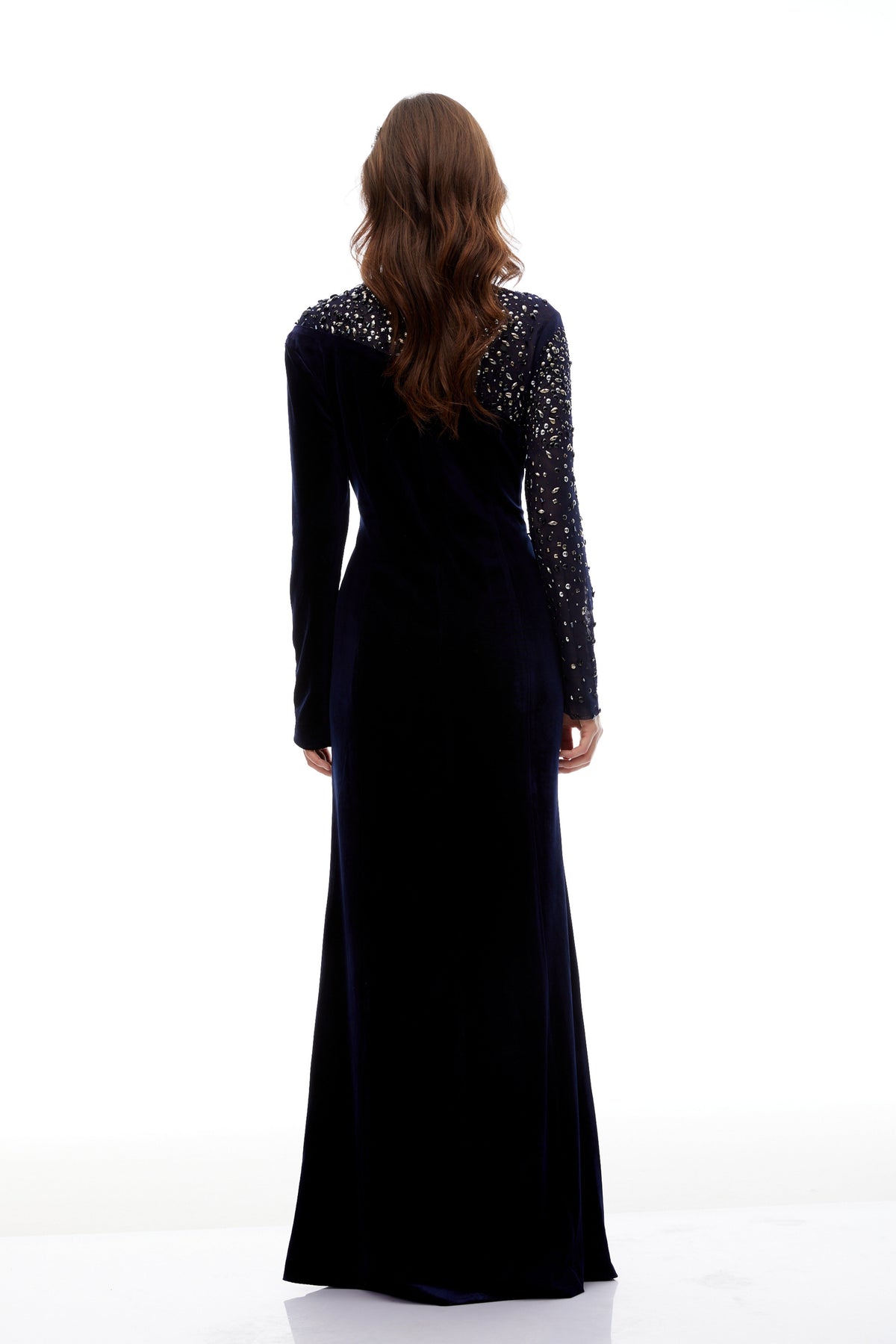 Rosemary Blue Embellished Velvet Maxi Gown
