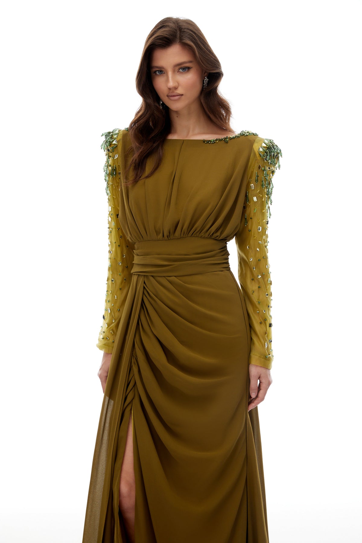 Lesley Green Embellished Draped Chiffon Maxi Gown