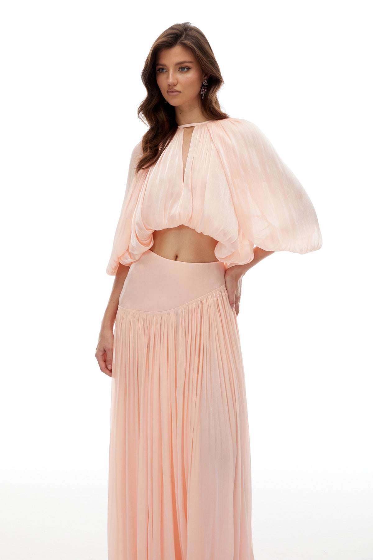 Mélodie Pink Pleated Glossy Top & Skirt Set