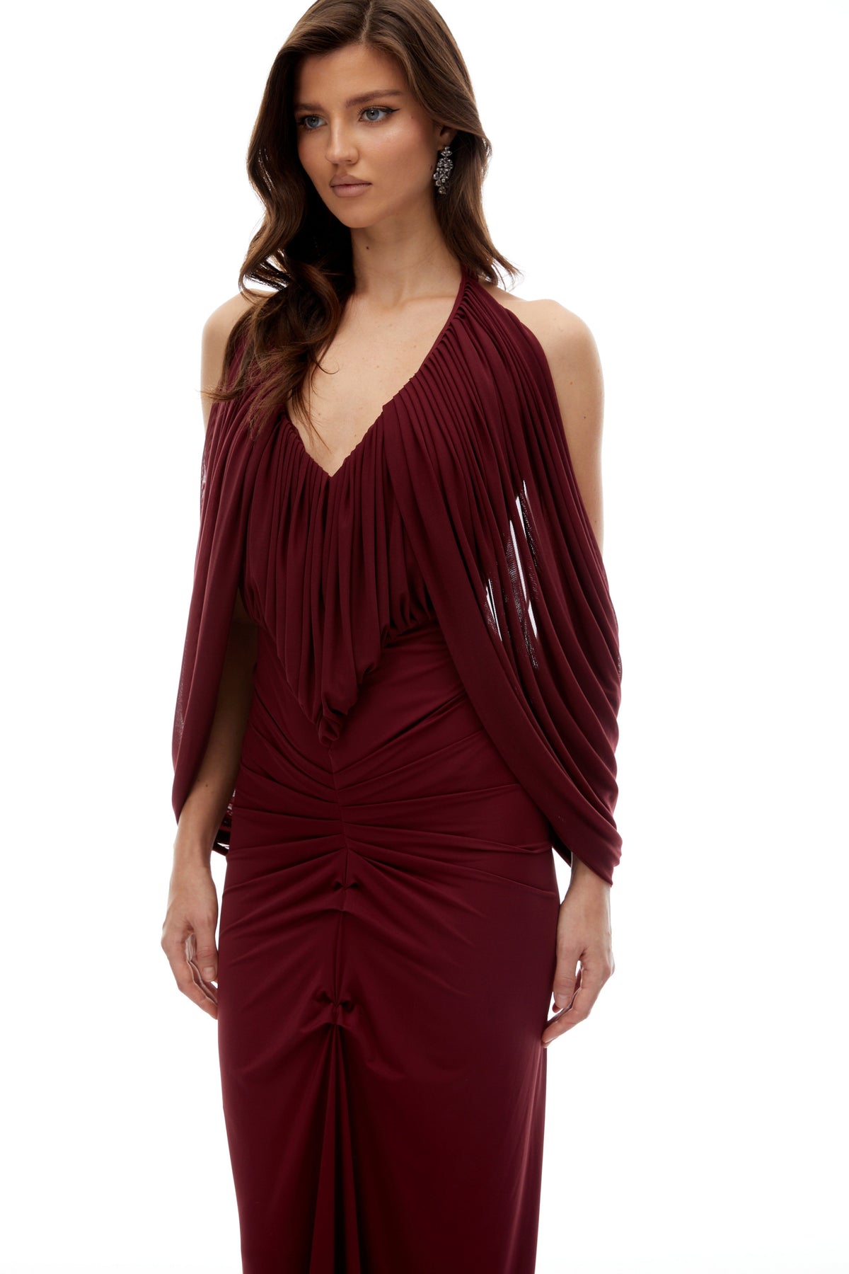 Eléa Red Cold Shoulder Draped Maxi Dress