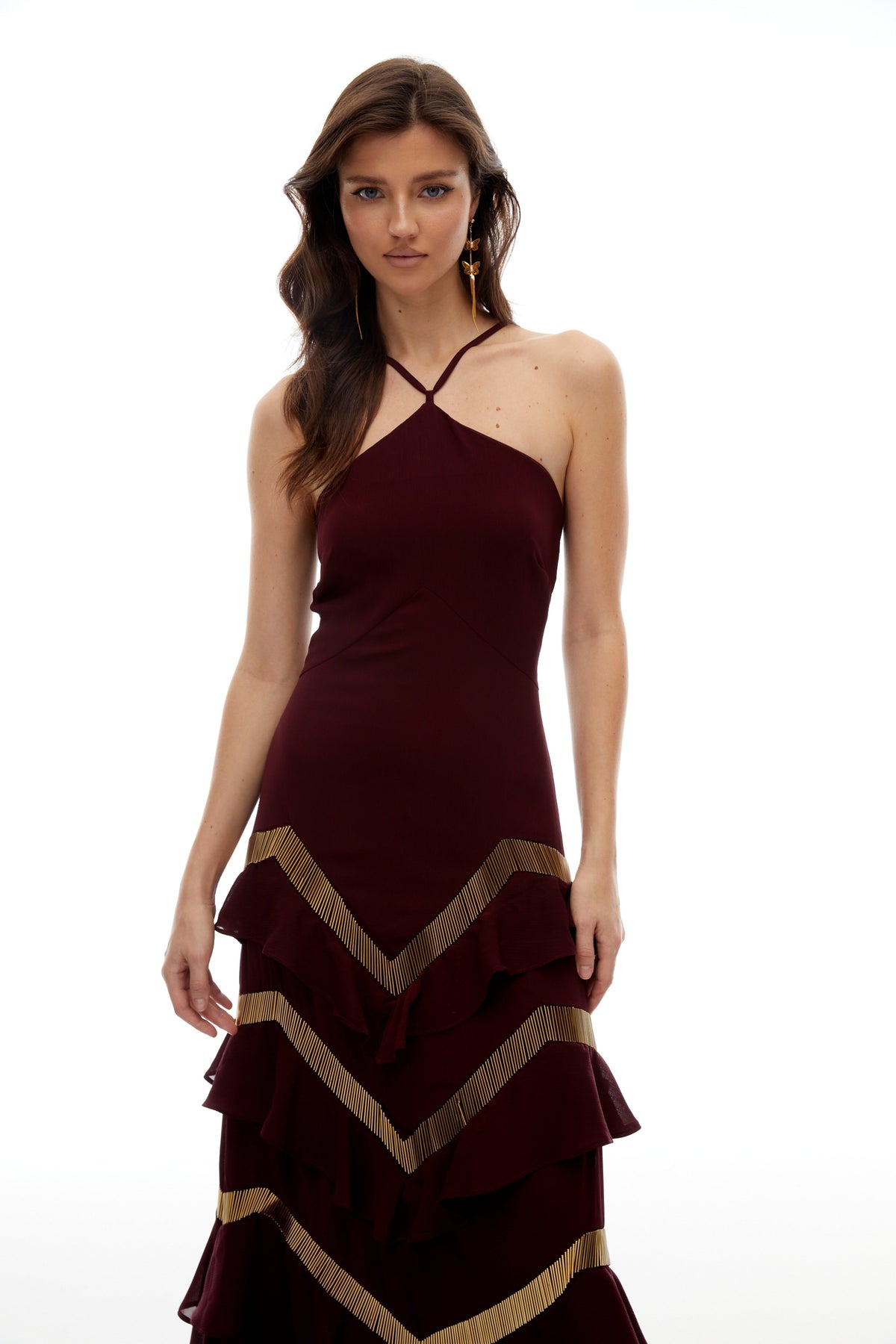 Zénaïde Burgundy Halterneck Ruffled Tiered Maxi Dress