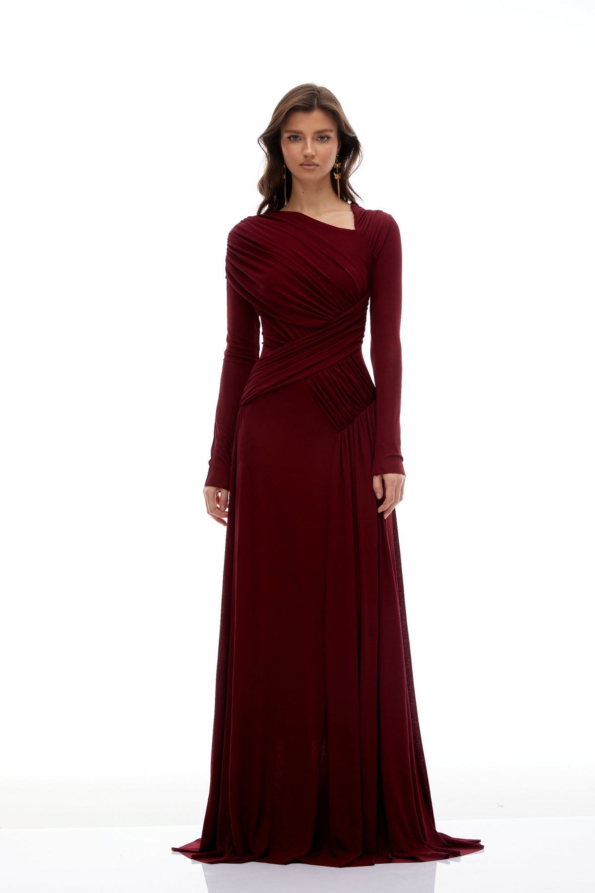 Beatriz Burgundy Asymmetrical Gathered Maxi Dress (Final Sale-US Only)