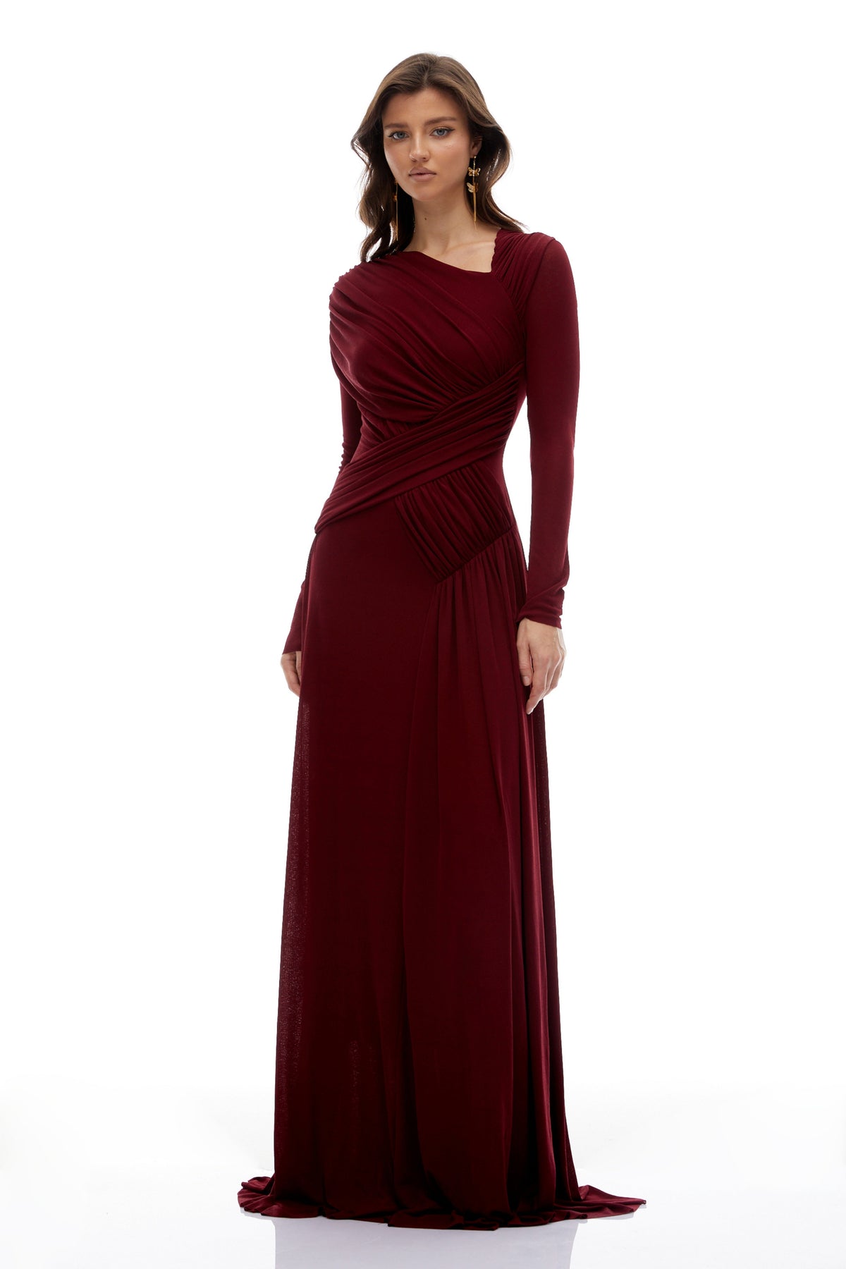 Beatriz Burgundy Asymmetrical Gathered Maxi Dress (Final Sale-US Only)