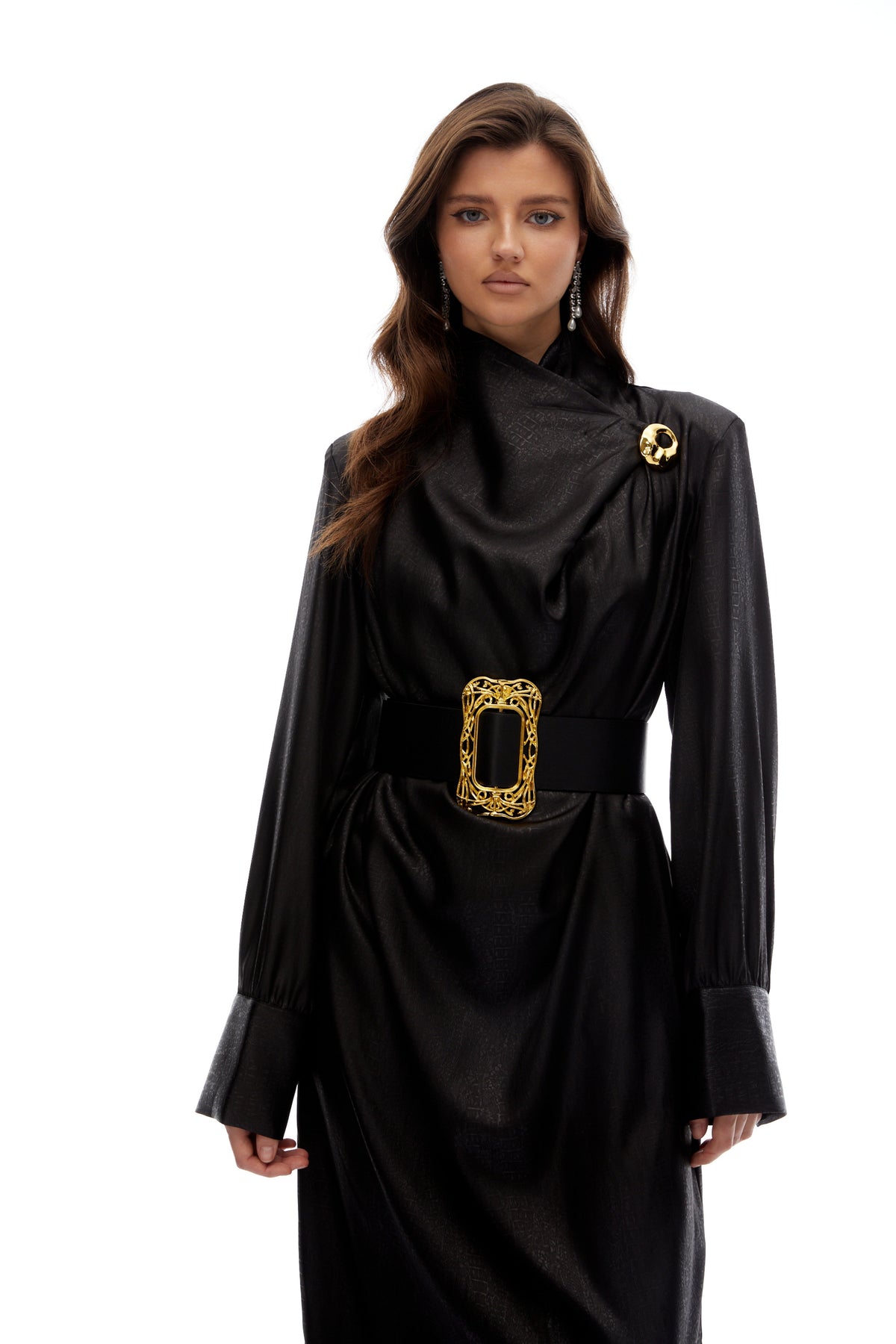Frederica Black Belted Textured Leather Coat