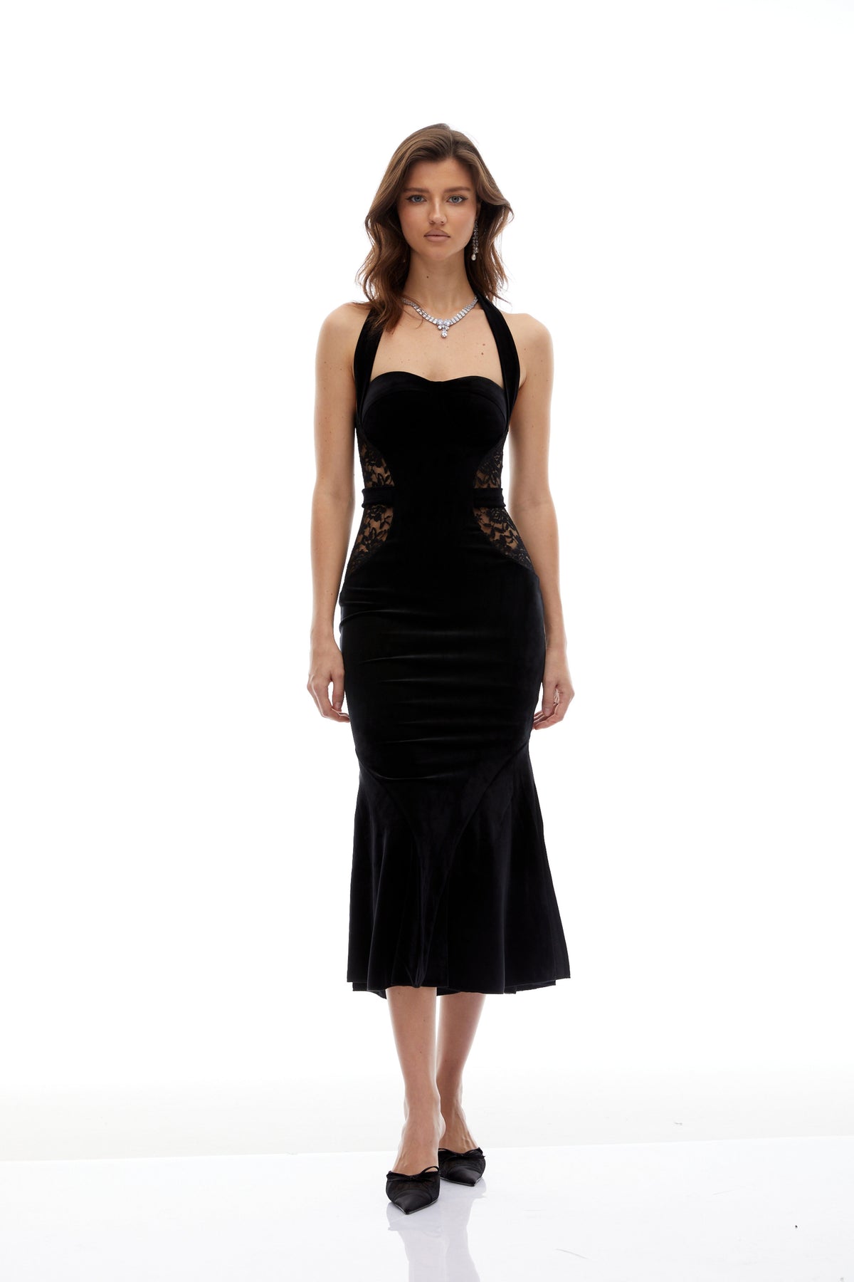 Tove Black Lace Panel Velvet Midi Dress (Final Sale-US Only)