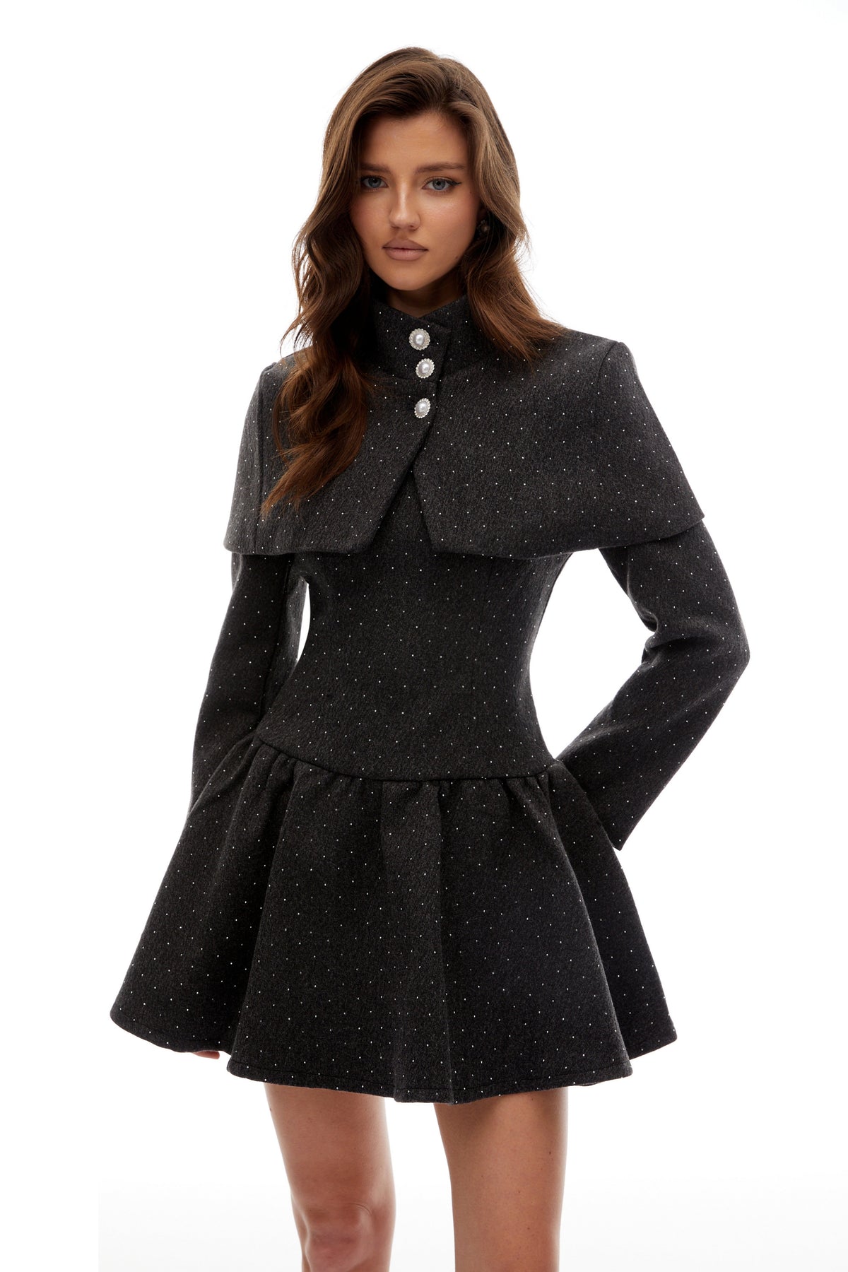 Indira Grey Polka Dot Woolen Cape & Dress Set (Final Sale)