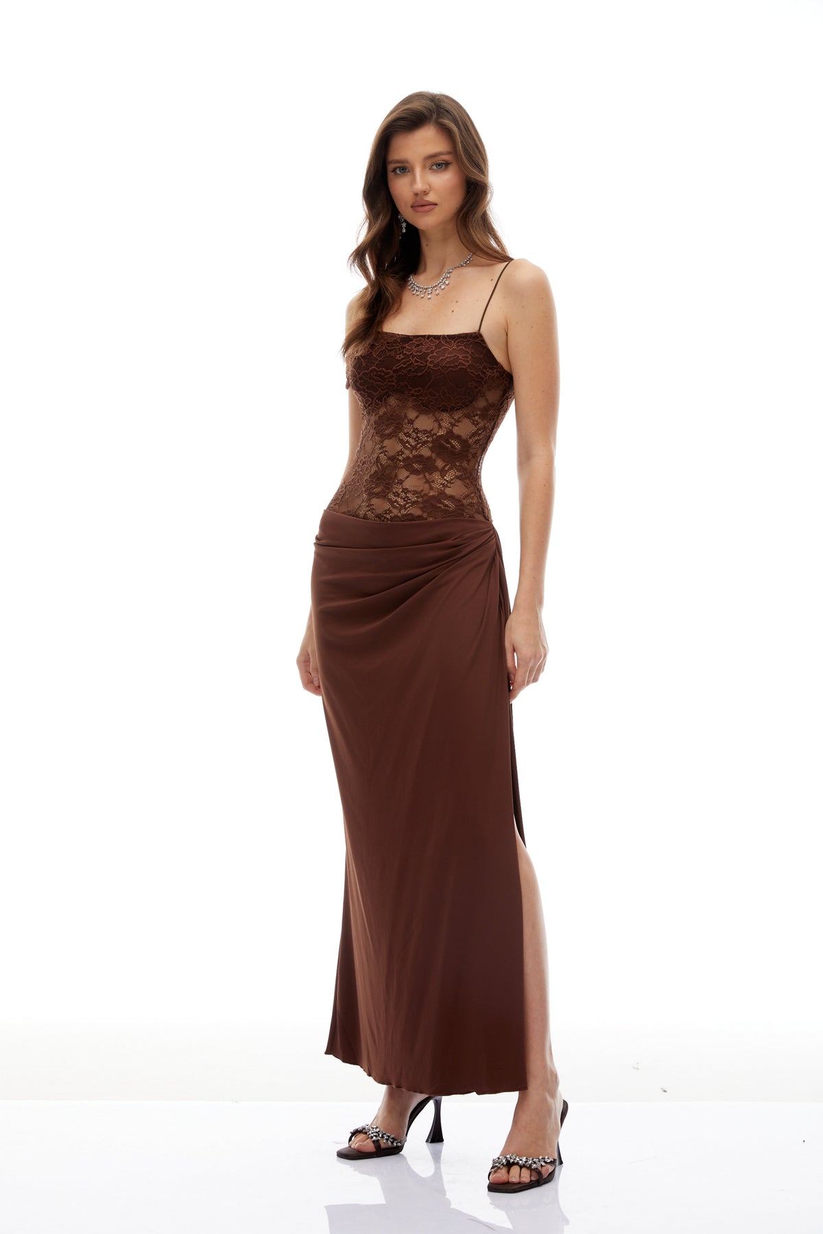Sunniva Brown Lace Panel Asymmetrical Maxi Dress (Final Sale)